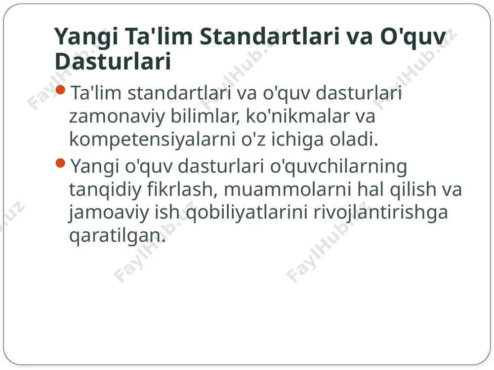 'quvchilarning bilimlarini baholash tizimi takomillashtirildi. ta'lim jarayonini monitoring qilish ta'lim sifatini doimiy ravishda monitoring qilish va baholash tizimi amalga oshiriladi. o'zgarishlarni amalga oshirish monitoring natijalariga asoslanib, ta'lim tizimida kerakli o'zgarishlar amalga oshiriladi. “venn diagrammasi” metodi: avvalgi ta’lim tizimi hozirgi ta’lim tizimi o’xshash tomonlari image2.png image3.png image4.png image5.png image6.png image7.png /docprops/thumbnail.jpeg
