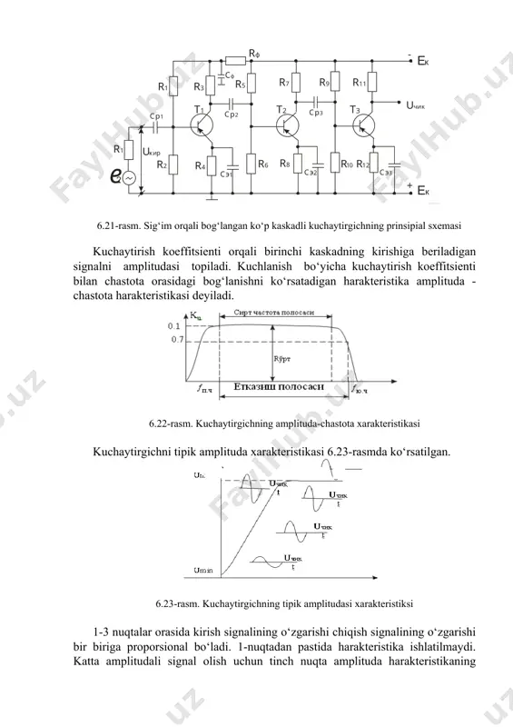 satilgan. 6.23-rasm. kuchaytirgichning tipik amplitudasi xarakteristiksi 1-3 nuqtalar orasida kirish signalining o‘zgarishi chiqish signalining o‘zgarishi bir biriga proporsional bo‘ladi. 1-nuqtadan pastida harakteristika ishlatilmaydi. katta amplitudali signal olish uchun tinch nuqta amplituda harakteristikaning o‘rtasida bo‘lishi kerak. agarda bu shart bajarilmasa avvaliga bitta yarim davri (chiqish signalini) kesiladi, so‘ngra yana tinch nuqta surilsa ikkala yarim davri kirqiladi. natijada chiqish signalining shakli butunlay buziladi. rfsf filtr teskari parazit bog‘lanishdan saqlaydi. rf ning ulanishi manbani quvvatini pasaytiradi. chunki rf orqali o‘zgarmas tok oqadi. rfsf filtrlar bu bilan bir qatorda filtrlash vazifasini ham bajaradi. ayrim hollarda rf sf filtrlar chastota va faza harakteristikasini to‘g‘rilashda ishlatiladi. har bir sig‘imning burchak siljishi uning chastotaning buzilish koeffitsienti bilan faza orasidagi bog‘lanish orqali aniqdanadi (6.39) bu erdan (6.40) nc- o‘zgarmas vaqt n - chastota bo‘lganda bo‘ladi. yuqori chastotadagi ku ning kamayishi quyidagicha aniqlanadi. (6.41) bu erda (6.41) yuqori chastotadagi o‘zgarmas vaqt bitta kaskadning faza siljishi quyidagicha aniqdanadi . ko‘p …
