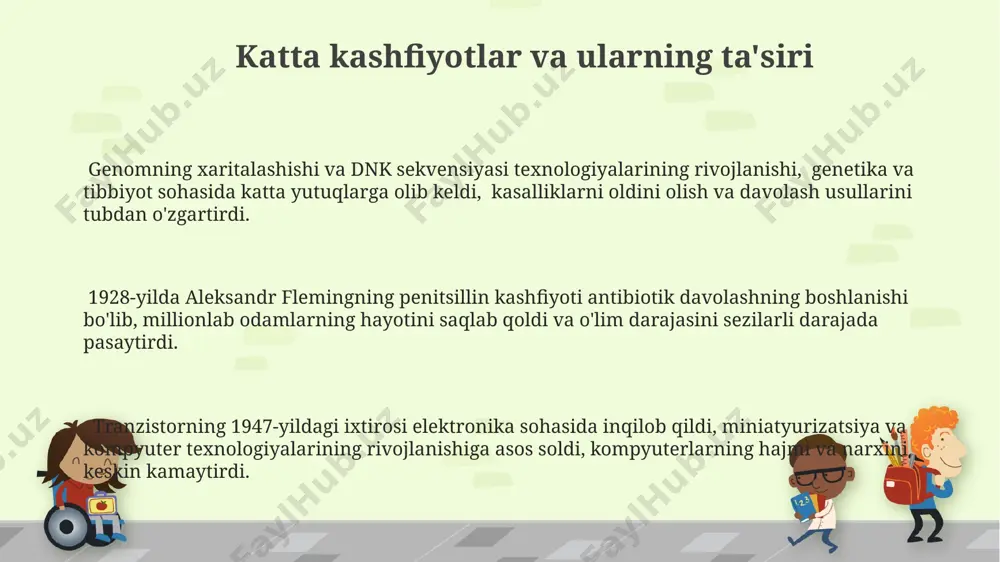 at xavfsizligi ta'minlandi. o'tmishdagi 50 yillik tibbiy tadqiqotlar natijasida o'rtacha umr ko'rish muddati 20 yildan ortiqqa oshdi, bu insoniyat salomatligi va farovonligi uchun muhim yutuqdir. axborot texnologiyalarining rivojlanishi va uning ildizlari internetning paydo bo'lishi, 1960-yillardagi arpanet loyihasi kabi dastlabki tadqiqotlarga bog'liq bo'lib, bugungi kunda milliardlab odamlar foydalanadigan global tarmoqqa aylandi. 1970-yillardagi birinchi shaxsiy kompyuterlarning yaratilishi, bugungi kunda mavjud bo'lgan ulkan dasturiy ta'minot va apparat texnologiyalari sanoatining poydevorini qo'ydi, milliardlab dasturlar va ilovalarning yaratilishiga olib keldi. 1940-yillarda ixtiro qilingan tranzistorlar, zamonaviy kompyuterlar va smartfonlar kabi millionlab qurilmalarning asosini tashkil etgan mikroprotsessorlarning rivojlanishiga zamin yaratdi. ta'lim tizimidagi o'zgarishlar va ilmiy yondashuvlar zamonaviy pedagogik yondashuvlardan biri bo'lgan kompetensiyaviy yondashuv, o'quvchilarning 5 ta asosiy kompetensiyasini shakllantirishga qaratilgan bo'lib, ta'lim sifatini yuksaltirishga xizmat qiladi. ta’lim tizimida 2000-yillardan boshlab axborot-kommunikatsiya texnologiyalari (akt) integratsiyasi 30% ga oshdi, bu o'quv jarayonini samaradorligini sezilarli darajada oshirdi. so'nggi 10 yilda o'rta maxsus, kasb-hunar ta'limi muassasalarida amaliy mashg'ulotlar hajmi 15% ga …