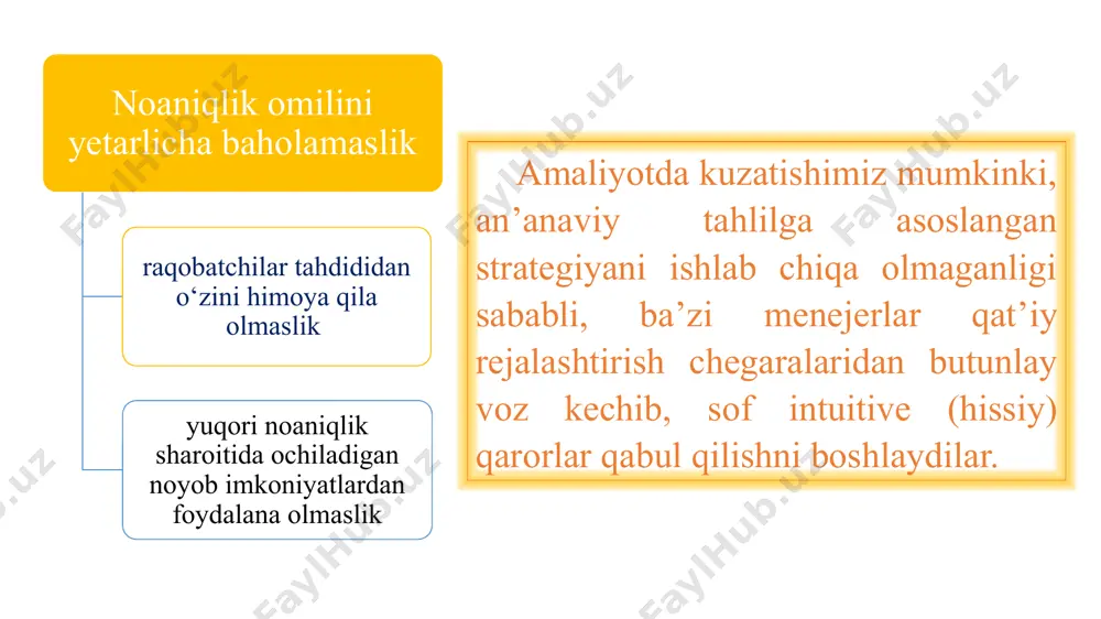 aqat ikkinchi, uchinchi va to‘rtinchi noaniqlik darajalarida qo‘llaniladigan adaptiv strategiyaning maxsus shaklidir. strategiyaning g‘oyasi imtiyozli mavqega erishish uchun investitsiyalarni bosqichma-bosqich amalga oshirishdan iborat (masalan, noyob ma’lumotlarga kirish, qulay xarajatlar tarkibi, yetkazib beruvchilar va mijozlar o‘rtasidagi maxsus munosabatlar orqali). bu holat kompaniyaga noaniqlik darajasi pasayguncha kutishga, keyin esa u yoki bu strategiyani tanlashga imkon beradi. yuqori stavkalar harakati - bu kompaniya tomonidan yirik investitsiyalar yoki boshqa firmalarni sotib olish shaklida o‘z zimmasiga olgan muhim majburiyatlardir. ba’zi ssenariylarga ko‘ra, ular katta foyda keltirishi, boshqa holatlarda esa katta yo‘qotishlarga olib kelishi mumkin. bunday chora-tadbirlar odatda shakllantiruvchi strategiyani amalga oshirish jarayonida amalga oshiriladi, odatda moslashuvchan va “o‘yinda ishtirok etish huquqini saqlab qolish” strategiyalari doirasida bu harakatlar qo‘llanilmaydi. variantlar harakati - eng qulay ssenariylarni amalga oshirishda foydani ko‘paytirishga va o‘ta noqulay ssenariylarni amalga oshirishda yo‘qotishlarni minimallashtirishga qaratilgan. variantlarning klassik misollari sifatida yangi mahsulotni to‘liq ishlab chiqarish boshlanishidan oldin pilot loyihani amalga oshirishni, yangi bozorda mahsulotlarni …