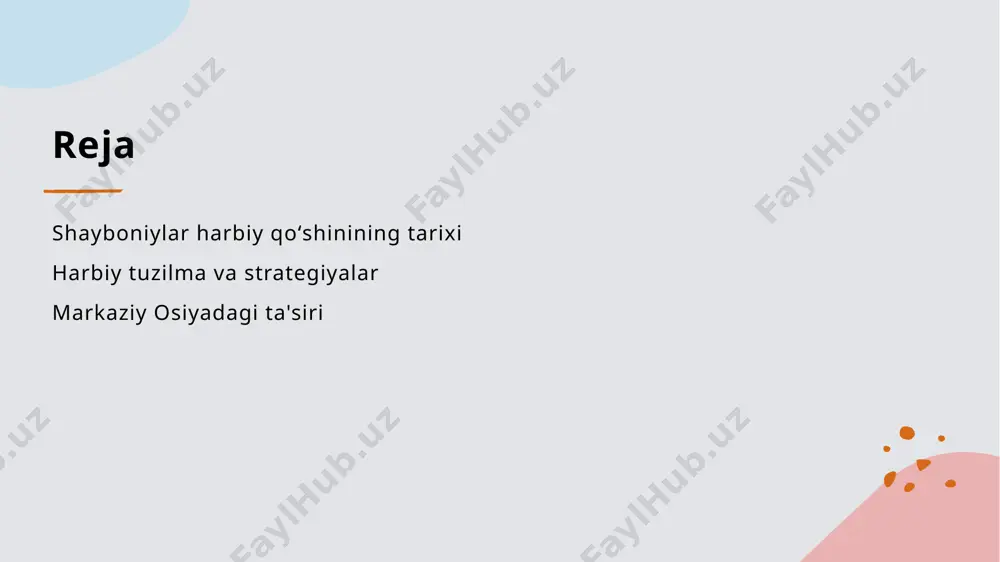 lar harbiy qoʻshinlari, asosan, piyodalar, otliqlar va aravalardan iborat boʻlib, jangovar strategiyalarini qoʻllash uchun muhim ahamiyatga ega edi. asosiy elementlar harbiy tuzilma quyidagi asosiy elementlarga ega: qoʻshinlar, boshqaruv tuzilmalari, xavfsizlik xizmatlari va ta'minot tizimlari, bu esa samarali yoʻlga qoʻyilgan. funktsional rol harbiy tuzilma jangovar vazifalar, hududiy himoya va raqobatchilarni nazorat qilishda muhim rol oʻynab, shayboniylar imperiyasining kuchini mustahkamladi. shayboniylar davridagi harbiy strategiyalar va taktikalar. 1 harbiy strategiyalar shayboniylar davrida harbiy strategiyalar asosan raqiblarni chalg'itish va oddiy janglarda ustunlikka erishishga qaratilgan edi. 2 taktikalar va usullar shayboniylar janglarda tezkor harakat qilish, yengil otliq qo'shinlardan foydalanish va poytaxtlarni egallashda mohirlik ko'rsatdilar. 3 mudofaa va hujum mudofaa strategiyalari kuchli qal'alar va tabiiy to'siqlardan foydalanishni o'z ichiga olgan, hujum esa dushman kuchlarini tezda yo'q qilishga qaratilgan edi. shayboniylar harbiy kuchlarining rivojlanishi va ta'siri. 1 harbiy rivojlanish shayboniylar harbiy kuchlari 15-16-asrlarda tez rivojlanib, yangi strategiyalar va taktikalar bilan boyitilgan. bu jarayon mamlakatning xavfsizligini ta'minladi. 2 …