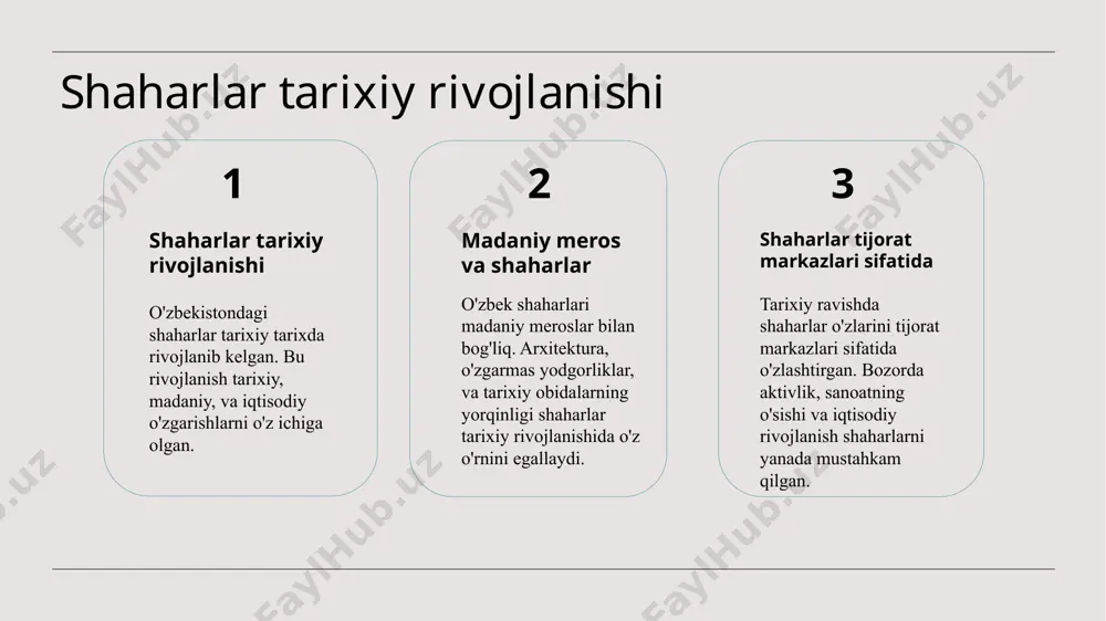 g rivojlanishi, texnikaviy qurilmalar, transport tarmoqlari va shahar infratuzilmasining evolyutsiyasi. 3 transport va texnologiyalar smart transport tizimlari, it texnologiyalari, transport monitoring tizimlari, va yangi texnologiyalar shahar transportini rivojlantirishda ahamiyatga ega. innovatsion texnologiyalar va smart shaharlar innovatsion texnologiyalar smart shaharlar uchun mustahkam asosdir. it, big data va ai orqali sarmoya to'plamlarini yaxshilash, trafikni tartibga solish, va energiya samaradorligini oshirishda muhim ahamiyatga ega. demografik o'zgarishlar va urbanizatsiyada o'z-o'zini ifodalash demografik o'zgarishlar o'zgaruvchilar tumanlar va shaharlarda sodir bo'lishi, shaharlarning aholisi va faoliyati ustidan to'liq ta'sir etadi. urbanizatsiyada o'z-o'zini ifodalash urbanizatsiyada o'z-o'zini ifodalash - bu shahar va qishloqning o'zaro aloqasini ta'kidlash va shahar hududidagi o'sishni anglatadi. o'zgaruvchilar va infrastruktura infrastruktura o'zgarishlariga mos, demografik o'zgarishlar urbanizatsiyada infrastrukturani rivojlantirish, ko'rsatkichlarni yaxshilash va shahar yashash sharoitlarini yaxshilashga intiladi. infratuzilma kengaytirilishi: shaharni yangilashning qanday o'zgarishlari infrastruktura tuzilishi shaharlarda infrastruktura kengaytirish tizimi, yo'lni, suvni, elektr energiyasini ta'minlash va yangi turdagi qurilmalar o'rniga qo'yilishi. transportni rivojlanishi transport tarmoqlarining modernizatsiyasi, metro, …