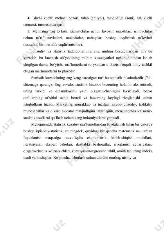 ariuning faoliyatini belgilashini aniqlash zarur. chakana savdo aylanmasini tavsiflash uchun ko`rsatkichlar tizimidan foydalaniladi (2-chizmaga qarang). savdo tashkilotlari menejmentida bozor holatining umumlashtirilgan xususiyatlarini, ishbilarmonlik faolligi indekslarini, sotish va narxlarning o`zgaruvchanlik darajasini (o`zgaruvchanlik koeffitsienti), shaxsiy iqtisodiy mavqeining tadbirkorlik baholarini, shu jumladan, tovarlarni yetkazib berishga buyurtmalarni baholashni, jismoniy sotish dinamikasini, tadbirkorlik ishonchining ko`rsatkichlarini, tovarlarning raqobatbardoshligini hisobga olish zarur (7.3-chizmaga qarang). tovarlar savdosi rivojlanishini aks ettiruvchi jarayonlarni kuzatib borish va savdo faoliyati bilan shug`ullanuvchi tashkilotlar marketing xizmatlarining uslubiy va tahliliy ehtiyojlarini ta’minlaydi, ular marketing bo`yicha mutaxassislar va menejerlarga samarali menejment qarorlarini qabul qilish uchun tavsiyalar beradi. shunday qilib, iqtisodiy-statistik menejment usullari savdo tashkilotlari faoliyatini maqbul boshqarish uchun zarurdir. tashkiliy va tartibga solish usullari asosiy narsa jazolash emas, balki harakat qilishga majburlashdir. a.p. lukashin menejmentda tashkiliy va tartibga solish usullari bir xil darajada muhimdir. rasmdan ko`rinib turibdiki, ilmiy yondashuv uch bosqichdan iborat: menejment asoslari bo`yicha menejmentning tashkiliy-tartibga solish usullari, amerikalik mutaxassislarning fikriga ko`ra, ikkinchi jahon …
