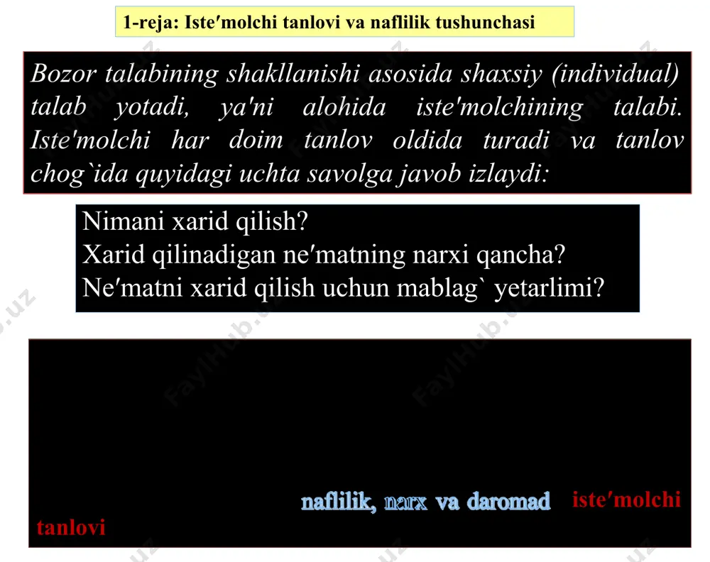 tlari ta′sirida shakllanadi. shape \* mergeformat shape \* mergeformat befarqlik egri chizig`i - bu iste′molchi uchun bir xil naf beruvchi ne′matlar kombinatsiyalarini ifodalaydi x2 3 2 x1 0 1 2 shape \* mergeformat x2 0 x1 shape \* mergeformat x2 (x2 (x 12 befarqlik egri chizig`ining har qanday nuqtasida, shu nuqtadan o`tgan chiziqning tangens burchagi yotiqligining absolyut qiymatiga teng. befarqlik egri chizig`ining tangens burchagi yotiqligi manfiy bo`lgani uchun manfiy bo`ladi. lekin, mrs musbat bo`lib, u burchak yotiqligining absolyut qiymati bo`yicha olinadi. agar funksiya uzluksiz bo`lsa, naflilik funksiyasi dan to`liq differensial olsak: va larni shunday tanlash mumkinki, natijada bo`ladi. u holda quyidagini yozishimiz mumkin: bu yerda: demak, ikkinchi ne′matni birinchi ne′mat bilan befarqlik egri chizig`ining har bir nuqtasidagi chekli almashtirish normasi mrs , ne′matlarning shu nuqtadagi chekli nafliliklari nisbatiga teng. befarqlik egri chiziqlari bir ne′mat bilan ikkinchi ne′matni almashtirish mumkinligini ko`rsatadi, xolos. lekin, ular iste′molchi uchun qaysi tovarlar majmuasi nafliroq ekanligini …