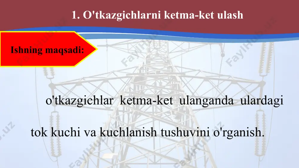 hlanish beruvchi murvati 4 v holatiga qo'yiladi. 3. kalit ulanadi, rezistorlardan o'tayotgan tok kuchi (i) va uning uchlaridagi kuchlanish (u) o'lchanadi. olingan natijalar jadvalga qayd qilinadi. 4. kalit uziladi. ampermetr birinchi rezistorga ketma-ket ulanadi. 5. kalit ulanadi. ampermetr birinchi rezistordan o'tayotgan tok kuchini ko'rsatadi (i1). 6. voltmetr yordamida uning uchlaridagi kuchlanish o'lchanadi (u1). olingan natijalar jadvalga qayd qilinadi. 7. kalit uziladi. ampermetr birmchi rezistordan uzilib, ikkinchi rezistorga ketma-ket ulanadi. 8. kalit ulanadi. ikkinchi rezistordan o'tayotgan tok kuchi (i2) va uning uchlaridagi kuchlanish (u2) o'lchanadi. olingan natijalar jadvalga qayd qilinadi. 9. kalit uziladi. tok manbaining iste'molchilarga kuchlanish beruvchi mur­vati 6 v holatiga qo'yiladi va tajriba takrorlanadi. 10. tajriba natijalari asosida parallel ulangan isle'molchilar uchun asosiy qonuniyatlarning bajarilishini tekshiring.
