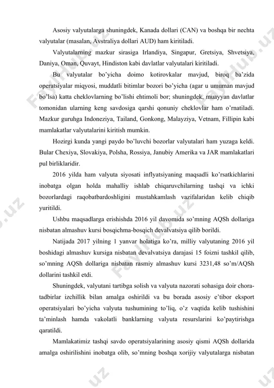 llik bilan amalga oshirildi va bu borada asosiy e’tibor eksport operatsiyalari bo’yicha valyuta tushumining to’liq, o’z vaqtida kelib tushishini ta’minlash hamda vakolatli banklarning valyuta resurslarini ko’paytirishga qaratildi. mamlakatimiz tashqi savdo operatsiyalarining asosiy qismi aqsh dollarida amalga oshirilishini inobatga olib, so’mning boshqa xorijiy valyutalarga nisbatan almashuv kurslarini belgilashda operatsion mo’ljal sifatida so’mning aqsh dollariga nisbatan almashuv kursidan foydalanildi. shunga muvofiq, so’mning aqsh dollaridan tashqari boshqa xorijiy valyutalarga nisbatan almashuv kurslari ushbu valyutalarning tashqi valyuta bozorlaridagi aqsh dollariga nisbatan kurslari dinamikasi va ichki valyuta bozorida so’mning aqsh dollariga nisbatan almashuv kursi ta’siri ostida shakllandi. jadval valyutalarning xalqaro amaliyotda belgilanishi45 aud avstraliya dollari brl braziliya reali byr belorussiya rubli cad kanada dollari chf (sfr) shveytsariya franki cny xitoy yuani (renminbi) eur evro gbp (stg) angliya funt sterlingi ils isroil shekeli inr hindiston rupiyasi jpy yaponiya ienasi kzt qozog’iston tengesi mxp meksika pesosi nzd yangi zelandiya dollari rur rossiya rubli sgd singapur dollari trl …