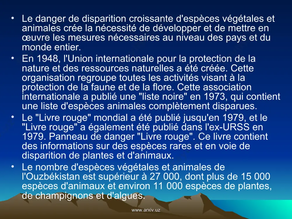 tébrés. le premier "livre rouge" de l'ouzbékistan a été publié en 1983 et 63 espèces de vertébrés y ont été incluses. le nouveau "livre rouge" (2003) a été écrit pour la première fois dans la langue officielle, et la deuxième édition contient 23 espèces de mammifères, 48 ​​espèces d'oiseaux, 16 espèces de reptiles, 17 espèces de poissons, 3 espèces de ascaris, 14 espèces de mollusques et 61 types de mauvaises herbes ont été introduits. www.arxiv.uz www.arxiv.uz b u r c h i m i z avant le futur la conservation de la nature et l'utilisation économique de ses ressources est l'un des problèmes les plus importants auxquels l'humanité est confrontée. après tout, personne n'a le droit de dépenser aveuglément les dons de la nature et de piller ses ressources. prendre soin de la nature, c'est prendre soin de l'humanité elle-même, car l'homme est un enfant de la nature. les dommages …