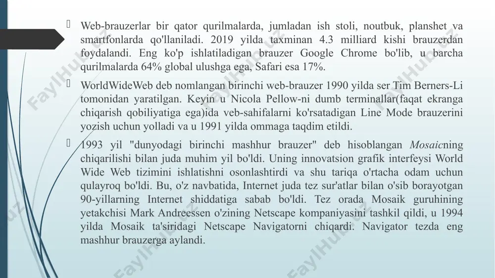 , css2 va boshqa so'nggi texnologiyalarni juda yaxshi qo'llab-quvvatlaydi. dunyoda mashhurlik bo’yicha ikkinchi o’rinni egallab turibdi 2. mashhur web-brauzerlar haqida ma’lumotlar opera opera boshqa brauzerlarga qaraganda kichikroq va tezroq, shunga qaramasdan u to'liq xususiyatlarga ega. tez, foydalanuvchilarga qulay, klaviatura interfeysi, bir nechta oynalar, masshtablash funktsiyalari va boshqalar. java va java-ga tegishli bo'lmagan versiyalar mavjud. internetga yangi kelganlar, maktab o'quvchilari, nogironlar uchun va cd-rom va kiosklar uchun eng yaxshi imkoniyat. konqueror konqueror - bu html 4.01 muvofiqlikdagi java dasturlari, javascript, css 1, css 2.1 va netscape plaginlarini qo'llab-quvvatlaydigan ochiq kodli web-brauzer. bu fayl menejeri sifatida ishlaydi va oddiy unix fayl tizimida oddiy fayllarni boshqarishni qo'llab-quvvatlaydi, uning xususiyatlariga oddiy qisqartirish yoki nusxalash va joylashtirish operatsiyalaridan tortib masofadan turib va mahalliy tarmoqlarni ko'rib chiqishgacha kiradi. google chrome - bu google tomonidan ishlab chiqilgan platformali web-brauzer. birinchi marta microsoft windows uchun 2008 yilda chiqarilgan va keyinchalik linux, macos, ios va androidga ko'chirilgan. brauzer, shuningdek, …