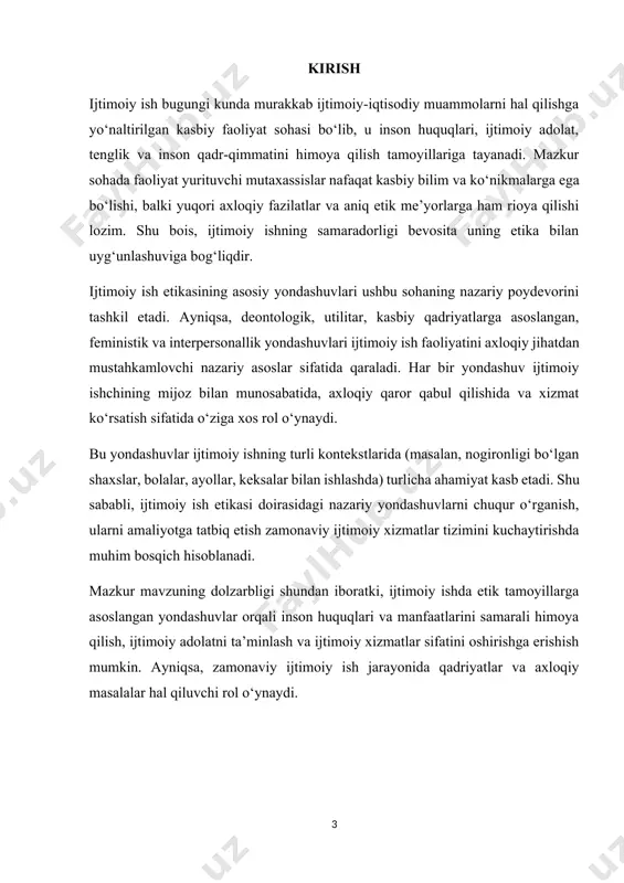 htiyojmand, ijtimoiy himoyaga muhtoj guruhlarni ijtimoiy resurslar bilan bog‘lash. axborot maxfiyligini ta’minlash – mijoz haqidagi shaxsiy ma’lumotlarni uchinchi tomonlarga oshkor qilmaslik. kasbiy halollik – o‘z bilim va malakasiga asoslangan holda halol xizmat ko‘rsatish. 4. ijtimoiy ish etikasining amaliy ahamiyati etik me’yorlar ijtimoiy ish amaliyotida quyidagi muhim funksiyalarni bajaradi: kasbiy faoliyatga ishonchni oshiradi. ijtimoiy ishchining etik faoliyati fuqarolar orasida davlat xizmatlariga bo‘lgan ishinchni kuchaytiradi. inson huquqlarini himoya qiladi. etika insonning huquq va erkinliklarini poymol etilmasligini kafolatlaydi. mijoz va mutaxassis o‘rtasida ishonchni mustahkamlaydi. bu orqali samimiy aloqa, emotsional qo‘llab-quvvatlash va psixologik xavfsizlik ta’minlanadi. murakkab vaziyatlarda to‘g‘ri qaror qabul qilishga yordam beradi. masalan, bolani oilasidan ajratish yoki notekis resurs taqsimoti kabi nozik holatlarda etik tamoyillar asosiy mezon bo‘lib xizmat qiladi. ijtimoiy ish etikasining mazmuni — bu insonlar bilan ishlash jarayonida axloqiy me’yorlarga amal qilishni anglatadi. uning ahamiyati esa jamiyatda ijtimoiy adolatni, inson sha’ni va huquqlarini ta’minlash, professionallik va ishonch muhitini yaratishda namoyon bo‘ladi. …