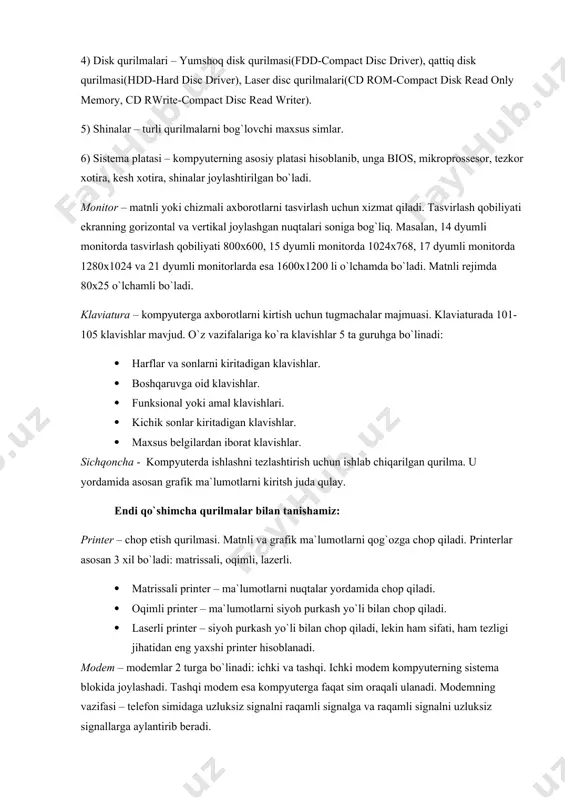 nksional yoki amal klavishlari. · kichik sonlar kiritadigan klavishlar. · maxsus belgilardan iborat klavishlar. sichqoncha - kompyuterda ishlashni tezlashtirish uchun ishlab chiqarilgan qurilma. u yordamida asosan grafik ma`lumotlarni kiritsh juda qulay. endi qo`shimcha qurilmalar bilan tanishamiz: printer – chop etish qurilmasi. matnli va grafik ma`lumotlarni qog`ozga chop qiladi. printerlar asosan 3 xil bo`ladi: matrissali, oqimli, lazerli. · matrissali printer – ma`lumotlarni nuqtalar yordamida chop qiladi. · oqimli printer – ma`lumotlarni siyoh purkash yo`li bilan chop qiladi. · laserli printer – siyoh purkash yo`li bilan chop qiladi, lekin ham sifati, ham tezligi jihatidan eng yaxshi printer hisoblanadi. modem – modemlar 2 turga bo`linadi: ichki va tashqi. ichki modem kompyuterning sistema blokida joylashadi. tashqi modem esa kompyuterga faqat sim oraqali ulanadi. modemning vazifasi – telefon simidaga uzluksiz signalni raqamli signalga va raqamli signalni uzluksiz signallarga aylantirib beradi. skaner – matn va grafik tasvirlarni kompyuterga kiritishni ta`minlash uchun xizmat qiladi. kompyuterning ishlashi uchun …