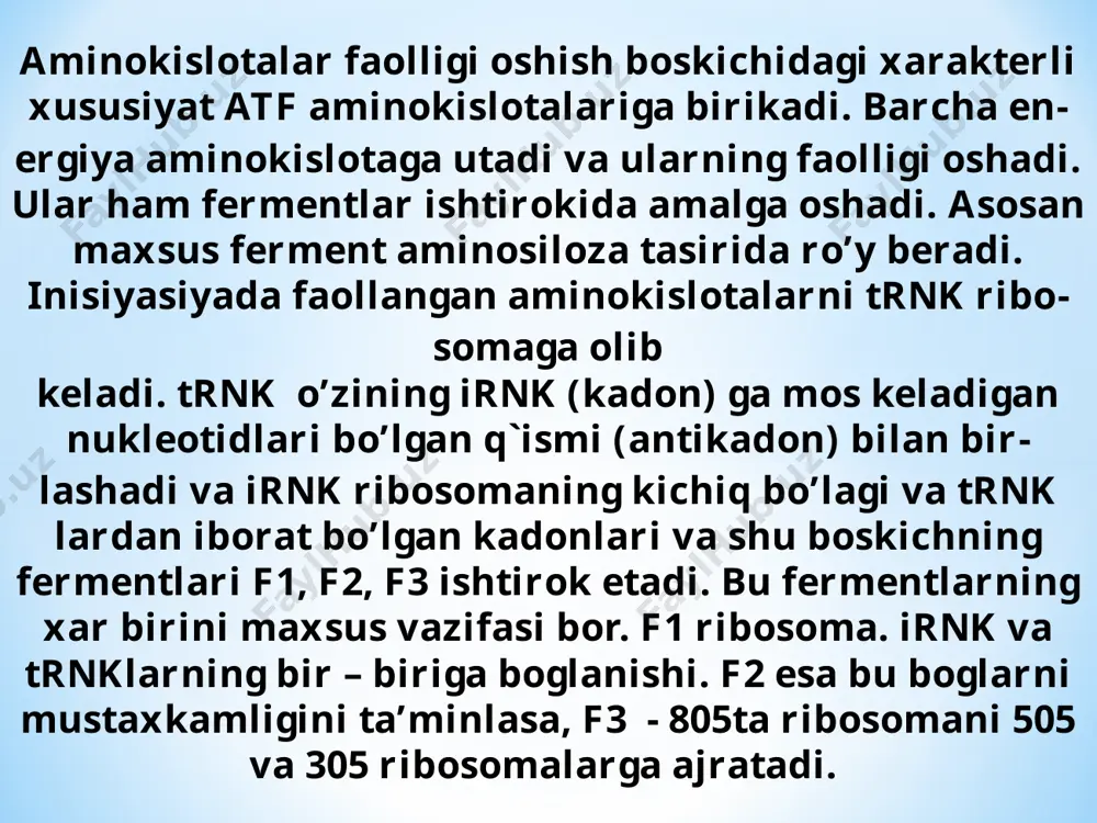 sovigan taqdirda ham xom tuxum sifatida asl holatiga qaytmaydi. balki batcha oqsillar o’zaro tartibsiz bog’lanib, yaxlit gelsimon tuzulish xosil qiladi. tadqiqotlar shuni ko’rsatdiki ba'zi oqsillarni denaturatsiyadan keyin, proirkada yolg'iz qolisa ham(boshqa fermet va oqsillarsiz xam) , qayta 3lamchi strukturasini tiklay olar ekan. ushbu oqsillar mustaqil ravishda 2 va 3 lamchi struktura hosil qilish uchun, ularning aminokislotalar qatorlari zarur bo'lgan barcha ma'lumotlarni o'z ichiga oladi. biroq, barcha oqsillar xam bunday o’z o’zida folding qila olmaydi, ularga shaperon oqsillari yordam beradi. www.arxiv.uz kimyoviy post-translatsion modifikatsiya post-translational modifikatsiyalari oqsillarga turli xil ta'sir ko'rsatadi: ular hujayradagi mavjud bo'lish vaqtini, ferment faolligini va boshqa oqsillar bilan o'zaro munosabatlarini tartibga soladi. ba'zi hollarda, translyatsiyadan keyingi o'zgarishlar oqsil kamolotining majburiy bosqichidir, aks holda u faol emas. masalan, insulin va boshqa ba'zi gormonlarning kamoloti bilan polipeptid zanjirining cheklangan proteolizi talab etiladi, plazma membranasi oqsillarining kamolotga kelishi bilan esa glikozillanish talab etiladi. organizmning normal ishlashi uchun translyatsiyadan keyingi modifikatsiyaning …