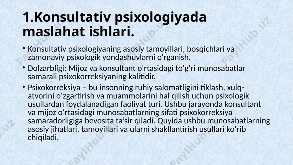 jozning o‘z muammolarini hal qilishda mustaqil bo‘lishi. stressni kamaytirish bo‘yicha psixokorreksiya: konsultant mijozning stress sabablarini aniqlaydi va mos usullar (masalan, relaksatsiya texnikalari) tavsiya qiladi. mijoz bu texnikalarni o‘zida qo‘llaydi va stressni boshqarishga erishadi. oila muammolarini hal qilish: konsultant mijoz va uning oila a’zolari bilan ishlaydi. oilaviy munosabatlarni yaxshilashga qaratilgan mashqlar qo‘llaniladi. psixokorreksiyada konsultant va mijoz o‘rtasidagi munosabatlar samaradorlikning asosiy omilidir. bu munosabatlar ishonch, hurmat va hamkorlik tamoyillariga asoslanadi. konsultantning professional yondashuvi mijozning muammolarni hal qilish va shaxsiy rivojlanishida muhim rol o‘ynaydi. psixokorreksiyada konsultant va mijoz o’rtasidagi munosabatlar maqsad: konsultativ psixologiyaning asosiy tamoyillari, bosqichlari va zamonaviy psixologik yondashuvlarni o'rganish. dolzarbligi: mijoz va konsultant o'rtasidagi to'g'ri munosabatlar samarali psixokorreksiyaning kalitidir. 2.konsultativ yordam tamoyillari va konsultatsiya bosqichlari. konsultativ psixologiya – shaxsga psixologik yordam ko‘rsatish usullari va yondashuvlarini o‘rganuvchi soha. maqsadi: shaxsning psixologik farovonligini oshirish. asosiy yo‘nalishlar: muammolarni aniqlash, diagnostika, psixokorreksiya. konsultativ yordam tamoyillari konsultativ yordam tamoyillari mijoz va konsultant o‘rtasidagi munosabatlarni boshqaruvchi asosiy …