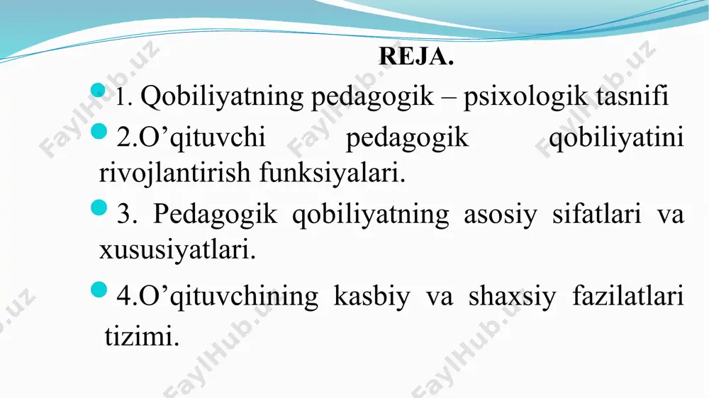 qituvchining sergakligida, o’quvchilarning ruhiyatini, ichki dunyosini ko’ra olishida namoyon bo’ladi. shunda o’qituvchi kim nimaga qodir ekanligini oldindan bashorat qila oladi. 3.eshitish va his qilish qobiliyati:bunday qobiliyatga ega bo’lgan insonlar musiqani sevishadi, ohangni yaxshi his qilishadi, deklamatsiya asosida yaxshi o’qishadi, eshitgan narsasini xotirada saqlaydi, ayniqsa she’r va qo’shiqlarni sevib tinglaydi. 4.kinestetik (teri-muskul) qobiliyat: o’qituvchining o’z hatti harakatlarini muvofiqlashtirish qobiliyati, harakat ohangini his qilib yo’naltiradi, vaqtni, harakat sur’atini his qilish, maishiy qulayliklarni yarata olish,, hayot marhamatlaridan rohatlanish. 5.mantiqiy qobiliyat:mulohaza yuritishni, raqamlarni, matematikani, murakkab masalalarni sevish, sababiyat va natijalarni tushunish malakasi, voqelikda asosiyni ikkinchi darajalisidan ajrata olish. 6.shaxsning ichki qobiliyati: o’z-o’zini bilish, tushunish va his qilish qobiliyati. erkin shaxsda qo’rquv yoki noerkinlik tuyg’usi kamdan-kam holda bo’ladi. 02.12.2021 педагогик технология 13 «kelib ketma bilib ket» . pedagogik qobiliyat – bu qobiliyat turlaridan biri bo’lib, kishining pedagogik faoliyatga yaroqliligini va shu faoliyat bilan muvaffaqiyatli shug`ullana olishini aniqlab beradi. olimlarning uzoq yillar olib borgan ilmiy-tadqiqotlari va …