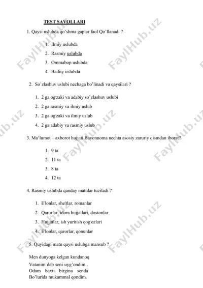 test savollari — DOCX