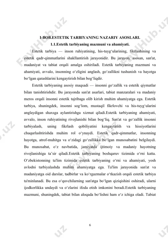 z o‘rnini topa oladilar. estetik tarbiyaning o‘ziga xos jihati shundaki, u nafaqat individual, balki ijtimoiy jarayon hamdir.estetik tarbiya orqali shakllangan insonlar, jamiyatda go‘zallikni, san'atni va madaniy qadriyatlarni targ‘ib qilishda muhim rol o‘ynaydilar.ular, o‘z navbatida, jamiyatda estetik muhitni rivojlantirishga hissa qo‘shadilar.estetik tarbiya — bu insonning ichki dunyosini boyitish, ruhiyatini rivojlantirish va go‘zallikni anglash jarayonidir. bu jarayon orqali inson o‘zligini anglaydi, hayotga bo‘lgan qarashlarini kengaytiradi va jamiyatda o‘z o‘rnini topadi. estetik tarbiyaning ahamiyati, uning insonning ruhiy va ijtimoiy rivojlanishidagi o‘rni bilan belgilanadi.estetik tarbiya inson shaxsini har tomonlama rivojlantirishning muhim jihatlaridan biri bo‘lib, uning hayotni, san’atni va tabiatni anglash qobiliyatini shakllantirishga yordam beradi. bu tarbiya jarayoni inson qalbida go‘zallikni his etish, tushunish va yaratish qobiliyatini rivojlantirishga qaratilgan bo‘lib, jamiyatning madaniy taraqqiyotida muhim o‘rin tutadi. estetik tarbiya nafaqat san’at va adabiyotga oid bilimlarni egallashni, balki kundalik hayotda ham nafislik, nafosat va badiiy tafakkurni shakllantirishni ta’minlaydi. insonning estetik dunyoqarashi uning hayotga bo‘lgan munosabatini belgilaydi, uning …
