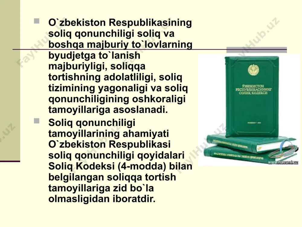 htirgan vaqtdagina huquqiy tartibga solishning maqsad va vazifalari amalga oshadi. soliq huquqiy tartibga solinadigan munosabatlar tizimini tahlil qiladigan bo'lsak shunday xulosaga kelishimiz mumkin. soliq munosabatlarini tartibga solish metodining o'ziga xos tomoni shundaki, unda tomonlardan biri davlat hokimiyati tomonidan ish ko'radi. ushbu metod hokimiy bo'ysinish asosiga qurilgan va huquqning boshqa tomonlariga ham xosdir, ammo bu erda soliq munosabatlaridan kelib chiqadigan xususiyatlari mavjuddir soliqlar korxona, birlashma va tashkilotlar hamda aholining har xil guruhlarga daromadlarini qayta taqsimlashning iqtisodiy vositasidir. soliqlar orqali davlat bozor infrastrukturasini rivojlanib, xilma-xil mulk shakldagi korxona va tashkilotlar yaratilsa, soliqlardan byudjetga tushumlar ko'p bo'ladi va davlatning o'z funktsiyalarining bajarishga keng imkoniyat yaratadi. soliqdan kompleks foydalanish xalq xo'jaligi strukturasini qayta qurishga, xo'jaliklar va alohida tovar sotib olish qobiliyatini boshqarib turishga va inflyatsiya jarayonini jilovlab turishga imkon beradi. soliq to'lovchining daromadlari, muayyan tovarlar, mol-mulk qiymati, qimmatli qog'ozlarga doir operatsiyalar, tabiiy resurslardan foydalanish va haqozolar, ya'ni pul mulkiy shakllarda mavjud bo'lgan moddiy ne'matlar …