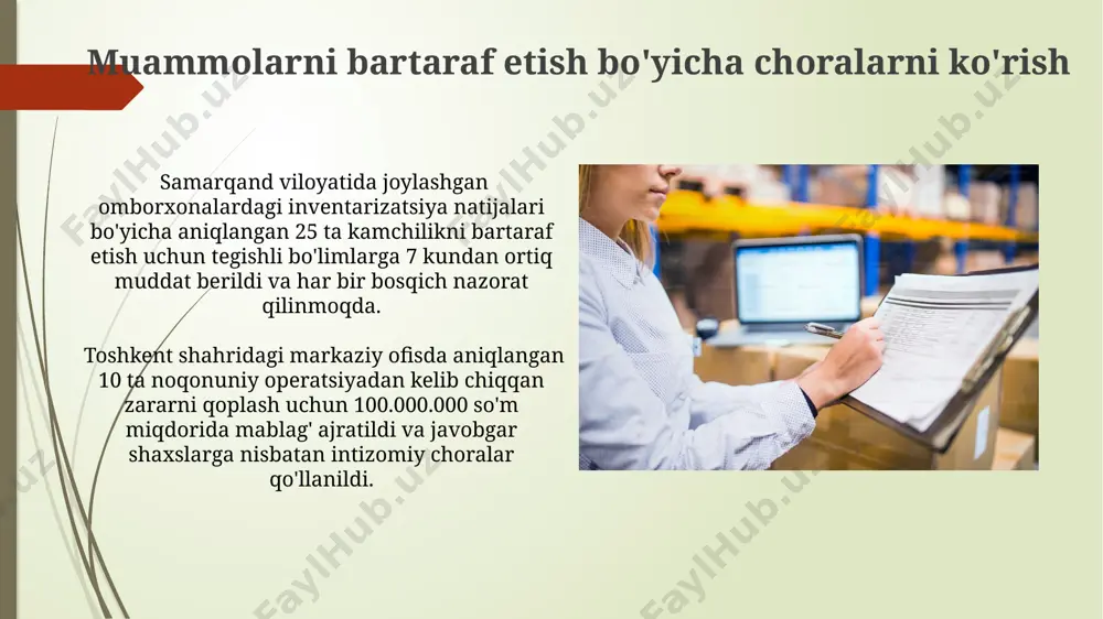 adi. amalgamlashtirish jarayonini 6 oy ichida yakunlash maqsadi bilan, har oyda progress hisobotlari tayyorlanib, boshqaruv kengashiga taqdim etiladi va kerak bo'lganda 10% gacha moslashuvlar amalga oshiriladi. tekshiruv natijalarini taqdim etish andijon shahridagi korxonada amalga oshirilgan ichki audit natijalari 7 banddan iborat bo'lib, har bir bandda aniqlangan muammolar va ularni bartaraf etish bo'yicha takliflar batafsil bayon etilgan. samarqand viloyatidagi filialda o'tkazilgan tekshiruv natijalari 10% xatolikni aniqladi, bu esa 500.000 so'm miqdoridagi moliyaviy yo'qotishga olib keldi va darhol tuzatish choralari ko'rildi. xulosa va keyingi qadamlar xulosa hujjatida kamida 3 ta asosiy aniqlangan muammo, 5 ta tavsiya va ularning amalga oshirish muddatlari (masalan, 2024 yil 1 martgacha toshkent shahrida) batafsil ko'rsatilishi kerak. keyingi qadamlar rejasi aniq sanalar, javobgar shaxslar va kutilayotgan natijalarni o'z ichiga olib, 10 dan kam bo'lmagan punktlardan iborat bo'lishi va samarqanddagi audit komissiyasi tomonidan tasdiqlanishi zarur. yutuqlar va kamchiliklarni tahlil qilish самарқанд вилоятидаги 5 та объектда ўтказилган текширувларда, жами 25 …
