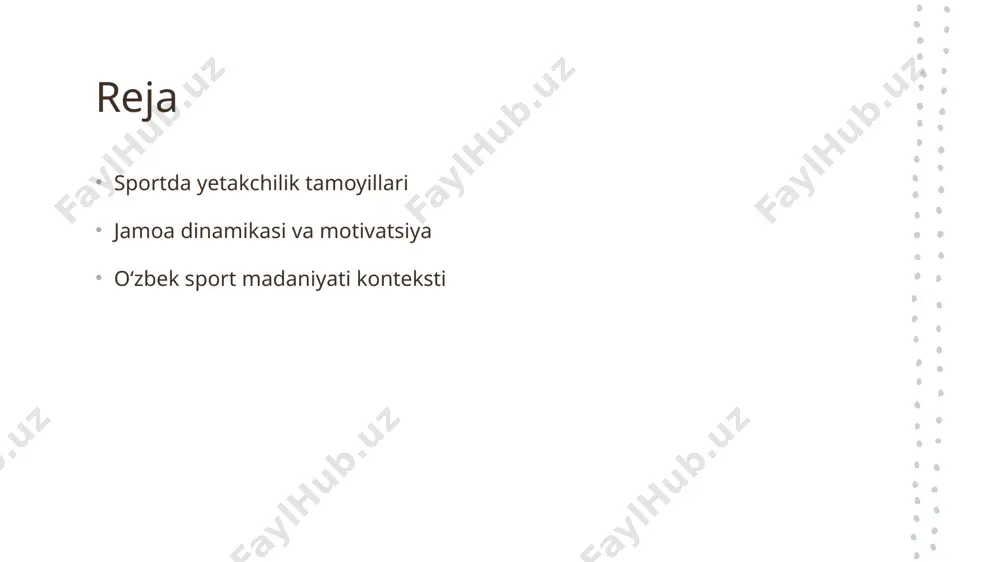 avtoritar, demokratik va transformatsion uslublar, jamoa a'zolarining motivatsiyasi va muvaffaqiyatiga ta'sir qiladi. qaror qabul qilish sportda qaror qabul qilish jarayoni, tezkor va aniq bo'lishi zarur. yetakchilar, ma'lumotlar va jamoa fikrlarini hisobga olib, qarorlar qabul qilishadi. jamoa hamkorligi yetakchilik jarayonida jamoa hamkorligi muhim ahamiyatga ega. muvaffaqiyatli sport jamoalari, hamkorlik orqali qarorlarni tez va samarali amalga oshiradilar. jamoa dinamikasining sport faoliyatidagi roli va ahamiyati. jamoa ko‘rinishi rol va ahamiyat o‘zaro aloqa jamoa ko‘rinishi sport faoliyatida samarali natijalar olish uchun zarur. jamoa a’zolarining o‘zaro munosabatlari ularning muvaffaqiyatini belgilaydi. jamoa dinamikasi sport faoliyatida muhim ahamiyatga ega. u muvaffaqiyatli strategiyalarni ishlab chiqishga yordam beradi va bir-birini qo‘llab-quvvatlashni ta’minlaydi. samarali o‘zaro aloqa jamoa ichida ishonchni oshiradi. bu, o‘z navbatida, jamoa a’zolarining motivatsiyasini kuchaytiradi va umumiy natijalarga ijobiy ta’sir qiladi. motivatsiya strategiyalari: jamoani qo'llab-quvvatlash va rivojlantirish. motivatsiya tushunchasi motivatsiya, sport jamoasida qatnashuvchilarni faoliyatga jalb qilish va ularni yuqori natijaga erishishga undovchi muhim tushunchadir. jamoani qo'llab-quvvatlash jamoani qo'llab-quvvatlash, …