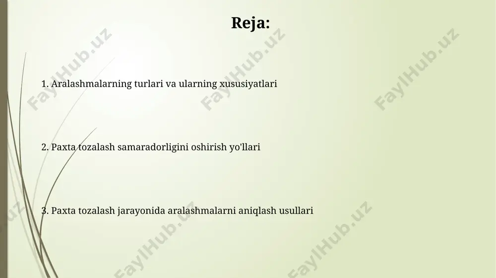 lar: urug'lar, po'stloq, barglar organik aralashmalar miqdori, masalan, 2% dan yuqori bo'lsa, paxta tozalash uskunalariga ortiqcha yuk tushurib, ularning tez aşınmasına sabab bo'ladi. paxta tozalash jarayonida 100 gramm paxtada 5 dan ortiq urug' mavjudligi sifati pastligi va tozalashning yetarli emasligini ko'rsatadi. ma'lumotlar tahlili va hisobot berish автоматик таҳлил тизимларидан фойдаланиш, ифлосланганлик даражаси ҳақидаги ҳисоботларни тез ва аниқ (95% дақиқлик билан) тайёрлаш имконини беради, бу эса қарор қабул қилиш жараёнини тезлаштиради. ҳар бир тозалаш босқичидан кейинги ифлосланганлик даражасини таққослаш учун график ёки жадваллардан фойдаланиш самарадорликни 10-15% га ошириши мумкин. skanerlash va tasvir tahlili raqamli tasvir tahlili yordamida, aralashmalar hajmi va shakli bo‘yicha tasniflash imkoniyati mavjud bo‘lib, bu 5 dan ortiq turdagi aralashmani farqlashga yordam beradi. сkanerlash jarayonida 1000 dan ortiq paxta tolasi namunalarini tahlil qilish orqali, turli xil aralashmalarning (masalan, urug‘, chang, o‘simlik qoldiqlari) miqdoriy va sifat jihatdan aniqlanadi. paxta tozaligini nazorat qilish va sifatni yaxshilash paxta tozalash jarayonida 1% dan …