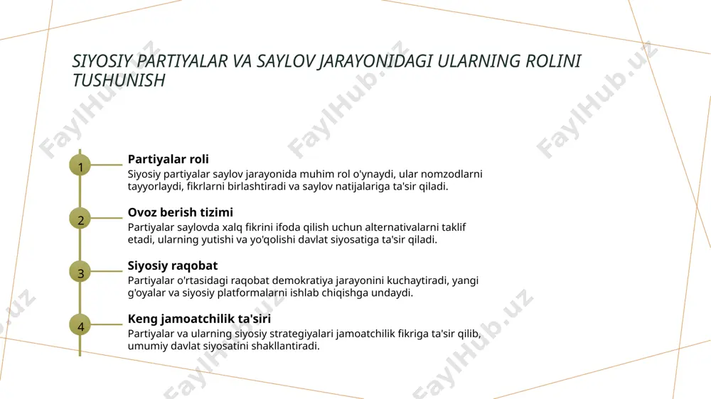 ilan bog‘liq. bu, ayrim guruhlarning ovozining kamroq hisoblanishi yoki siyosiy ta’sirining cheklanishiga olib keladi. 3 yechim takliflari muammolarni hal qilish uchun saylov qonunchiligini takomillashtirish, ovozlar tengligini ta’minlaydigan yangi tizimlar va siyosiy islohotlarni joriy etish zarur. bu, adolatli va teng imkoniyatlar yaratishga yordam beradi. first past the post tizimining cheklovlari va uning siyosiy ta'siri 1 ilg‘orliklarining cheklovlari first past the post tizimi faqat bir ovoz bilan eng ko‘p ovoq olgan nomzodni tanlab, kamroq ovoz olganlar nazarda tutilmaydi, bu adolatsizlikka olib keladi. 2 reprezintativlik muammosi bu tizim ayrim mamlakatlarda muayyan partiyalar ko‘p o‘rinlarni egallab, boshqa kichik partiyalar esa sezilarli ta’sir ko‘rsatmaydi, natijada siyosiy spektr kengaymaydi. 3 ovozlar resurslarining taqsimoti katta saylov okruglarida kuchli partiyalar ko‘proq foyda oladi, kichik partiyalar esa yutqazib, siyosiy muhitda kamroq imkoniyatlarga ega bo‘ladi. saylovlarda islohotlar uchun imkoniyatlar: yangi qonunlar va siyosiy jarayonlar 1 yangi qonunlar imkoniyatlari saylovlarda islohotlar uchun yangi qonunlar, saylov jarayonini shaffof va adolatli qilishda muhim …