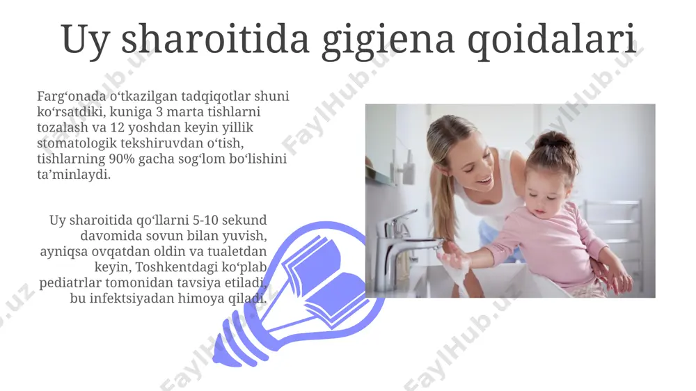 et tizimini mustahkamlaydi, shuning uchun kasalliklarga chidamliligini oshirib, yuqumli kasalliklarning tarqalishiga, masalan, grippning samarqand viloyatidagi maktablardagi tarqalishining oldini olishga yordam beradi. kuniga kamida 5 xil meva va sabzavot iste'mol qilish, bolaning ichak mikroflorasini yaxshilaydi, bu esa oshqozon-ichak trakti infektsiyalarining oldini olishga yordam beradi, bu esa 7 yoshgacha bo'lgan bolalarda keng tarqalgan. kiyim-kechak va ichki kiyimlarning tozaligi болаларнинг ички кийимларини ювишда 40-50°с даражадаги иссиқ сув ва гипоаллерген кир ювиш воситаларидан фойдаланиш тавсия этилади, бу аллергия хавфини камайтиради. кийим-кечак ва ички кийимларни ҳар 2-3 кунда бир алмаштириш, айниқса, терловчи иқлим шароитида, масалан, тошкент каби ҳудудларда, тери касалликларининг олдини олишда муҳим аҳамиятга эга. infeksiyadan himoya qilish bolaning tirnoqlarini muntazam ravishda qirqish, 0,5 sm dan oshmasligi kerak, chunki uzun tirnoqlarda 100 ga yaqin bakteriyalar yig'ilib, terining yallig'lanishi va infektsiyaning tarqalishiga olib kelishi mumkin, masalan, stafilokokk infektsiyasi andijon viloyatida ko'p uchraydi. 5 yoshgacha bo'lgan bolalarda qo'l yuviish chastotasi kuniga 10 martagacha ko'tarilishi kerak, chunki bu …