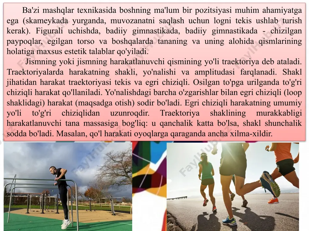 maqsadga muvofiqdir (masalan, qo`shpoyada siltanib orqaga ko`tarilishdan avval gavdani qo`l barmoqlari tomon siltab tortish); ba’zida shikastlanishning oldini olish maqsadida avval yakunlovchi fazani o`rganish ma’quldir (masalan, sakrashda to`g`ri tushish). jismoniy mash texnikasi o`rgatishning asosiy vazifasi harakat ko`nikmalari va maxsus bilimlarini egallashdir. jismoniy tarbiya jarayonida ham ta’lim ham tarbiya amalga oshiriladi. bundan o`rgatishning asosiy fani bo`lib o`zaro bog`langan harakat tizimini o`z ichiga oluvchi rasional harakat faoliyatlari hisoblanadi. biror bir harakatga o`rgatish shug`g`ullanuvchilarning jismoniy rivojlanishi, fuksional imkoniyatlarini oshirish va rivojlantirish, sogliqni mustahkamlash va h.k. lar bilan bog`liqdir, hamda jismoniy sifatlarini oshirish sodir bo`ladi. harakat faoliyatlariga turli va konkret vazifalarni hal etgan holda o`rgatiladi. ko`pgina holda quyidagilarga olib kelinadi: 1. harakatning dastlabki maktabini ta’minlash, ya’ni harakat faoliyatini murakkab shakllari uchun dastlabki bazani yaratgan harakat apparatining asosiy bo`ginlarida oddiy harakatlarni boshqarishga o`rgatish. masalan yuqori stardan chiqish. 2. "erdamchi" mashqlar yangi yoki ayrim jismoniy sifatlar qobiliyatlarni rivojlanishiga ta’sir etuvchi vositalar sifatida foydalaniladigan harakatlarga o`rgatish. masalan: har-xil …