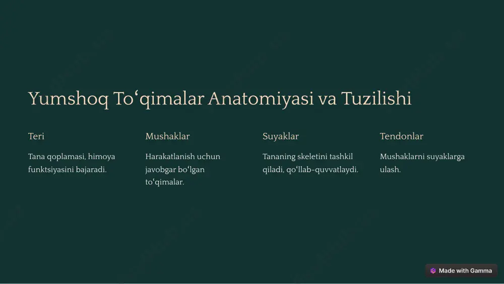 o»llash. https://gamma.app/?utm_source=made-with-gamma davolash strategiyalari va reabilitatsiya jarayoni dori-darmonlarni buyurish. fizioterapiya. jarrohlik amaliyoti. reabilitatsiya. https://gamma.app/?utm_source=made-with-gamma xulosa va asosiy klinik tamoyillar yumshoq to»qimalarning yopiq shikastlanishi turli xil sabablarga ega, ular o»ziga xos davolashni talab qiladi. erta tashxis qo»yish va to»g»ri davolash shikastlanishning oqibatlarini kamaytiradi. https://gamma.app/?utm_source=made-with-gamma