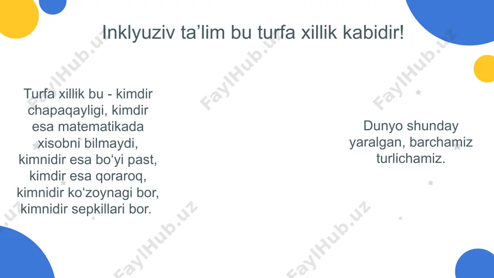 qiy rivojidagi sustlik, duduqlanish) tayanch-harakat apparatida nuqsoni bo‘lgan bolalar (bolalar tserebral falaji, skolioz, poliomiyelit, miopatiya, osteomiyelit, amputatsiya, bo‘y o‘sishining yetishmovchiligi — pakanalik) hulq-atvor va ruhiyatning qo‘pol buzilishlarisiz autistik spektri buzilgan bolalar intellektual rivojlanishi saqlanib qolingan, tutqanoq holatida bo‘lgan bolalar (agar bola antikonvulsant dorisini qabul qilganda, tutqanoq 1 oyda 1 martadan oshmagan paytda). paraolimpiyada ishtirokchilari avvalo, men oddiy bolaman. siz bilan bir xil odam. meni tashxisim bilan adashtirmang. men ham odamman. menga o'zimni ko’rsatishga yordam bering. mening ixtiyorimsiz men uchun qaror qabul qilmang. men ham jamiyatning to‘la huquqli a’zosiman. ammo ko'plab jismoniy va ruhiy to'siqlar buni his qilishimga xalaqit beradi. ularni yengishimga siz yordam bering. mening farzandlik huquqim bor. lekin ko'p sabablarga ko'ra, o'zimni nogironligimga ko'ra kamsitilgandek his qilishim mumkin. men bu xilma-xil dunyoning bir qismiman va unda mening o'z rolim, o’z o’rnim bor. inklyuziv ta’limni joriy etish masalalari e’tiboringiz uchun rahmat! image1.jpeg image2.jpeg image3.jpeg image4.png image5.jpeg image6.jpeg image7.jpeg image8.jpeg image9.jpeg …