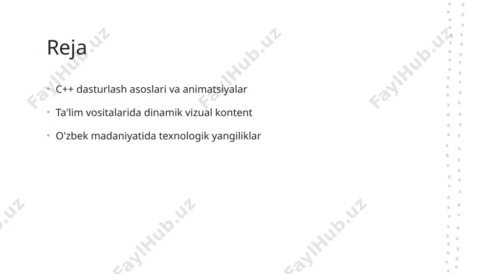h va o'quvchilarga real vaqt rejimida tajriba o'tkazish imkonini beradi. 03 ta'limda foydalanish c++ yordamida yaratilgan interaktiv o'yinlar va simulyatsiyalar ta'lim jarayonida o'quvchilarning qiziqishini oshirib, mavzularni osonroq o'zlashtirishga yordam beradi. c++ da animatsiyalarni amalga oshirishda muammolar va yechimlar. 1 animatsiyalarning murakkabligi c++ da animatsiyalar yaratishda murakkab grafik tushunchalar va algoritmlar ishlab chiqilishi talab etiladi, bu esa dasturchi uchun qiyinchiliklar tug'dirishi mumkin. 2 resurslarni boshqarish animatsiyalarni amalga oshirishda cpu va gpu resurslaridan samarali foydalanish zarur. resurslarni boshqarish, oqimni ishga tushirishda muhim ahamiyatga ega. 3 kodning optimallashuvi c++ dasturlashda animatsiyalarni amalga oshirishda kodni optimallashtirish zarur. bu samaradorlikni oshiradi va animatsiyalarning tezligini yaxshilaydi. ta'limda c++ orqali dinamik animatsiyalarni yaratish jarayoni. 1 c++ animatsiyalari asoslari - c++ dasturlash tilida animatsiyalar yaratish jarayoni, grafik tushunchalar va o'yin mexanikasini o'z ichiga oladi, bu esa ta'limda interaktivlikni oshiradi. 2 dinamik dasturlash - dinamik animatsiyalarni yaratishda c++ dasturlash tilining kuchli xususiyatlari, masalan, ob'ektga yo'naltirilgan dasturlash va yuqori tezlik, …