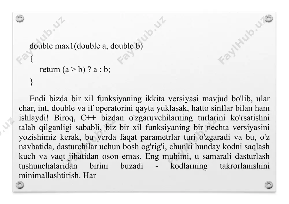 lon parametrlarini e'lon qilishimizni aytadi. - funksiya shablonining parametrlari burchakli qavslarda (<>) ko'rsatilgan. - typename va class kalit so'zlari shablon parametr turlarini yaratish uchun ishlatiladi. funksiya shablonlari uchun asosiy foydalanish holatlarida tip nomi va sinf o'rtasida farq yo'q, shuning uchun ikkalasidan birini tanlashingiz mumkin. agar siz class kalit so'zidan foydalansangiz, u holda parametrlarning haqiqiy turi sinf bo'lishi shart emas (bu asosiy ma'lumotlar turining o'zgaruvchisi, ko'rsatgich yoki boshqa narsa bo'lishi mumkin). - keyin shablon parametrining turini nomlaymiz (odatda t). agar shablon parametrlarining bir nechta turlari kerak bo'lsa, ular vergul bilan ajratiladi: template // funksiya shabloni bu yerda agar bir nechta parametrlar mavjud bo'lsa, ular odatda t1, t2 yoki boshqa harflar deb ataladi: t, s. eslatma: t turiga o'tkaziladigan funksiya argumentining turi sinf bo'lishi mumkinligi sababli va sinflar odatda qiymat bo'yicha o'tkazilishi tavsiya etilmaganligi sababli, bizning funksiya shablonimiz parametrlari va qaytish qiymatini doimiy havolalar qilish yaxshiroqdir, masalan: template const t& max1(const t& …
