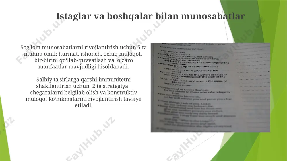 ar – oziq-ovqat, boshpana va xavfsizlik – bilan bog'liq bo'lib, ularning qondirilishi baxt va farovonlikka olib keladi. 10 yoshdan 14 yoshgacha bo'lgan o'smirlarning istaklari, o'z tengdoshlari bilan munosabatlar, o'ziga ishonch va kelajak haqidagi tasavvurlar kabi ijtimoiy-psixologik omillar bilan belgilanadi. realistik va norealistik istaklar realistik istaklar, masalan, yaxshi baholar olish yoki ma'lum bir sport turini o'rganish, o'rtacha 70% sa'y-harakat va rejalashtirish bilan amalga oshirilishi mumkin bo'lgan maqsadlarni o'z ichiga oladi. norealistik istaklar esa, masalan, bir kechada million dollar ishlash yoki dunyodagi eng kuchli odam bo'lish kabi, imkonsiz yoki juda kam ehtimolli bo'lgan maqsadlardir, 0,1% dan kam muvaffaqiyat ehtimoli bilan. o'z istaklarini anglashning ahamiyati o'z istaklarini anglash, shaxsning 3 ta asosiy ehtiyojlarini – o'zini o'zi anglash, o'z-o'zini hurmat qilish va maqsadga erishishni ta'minlashda muhim rol o'ynaydi, bu esa hayot sifatini 20-30% ga oshirishi mumkin. hayot yo'lini rejalashtirishda istaklarni aniqlash, adashish va noto'g'ri qarorlar qabul qilish ehtimolini 50% ga kamaytiradi, va shaxsning potentsialini …