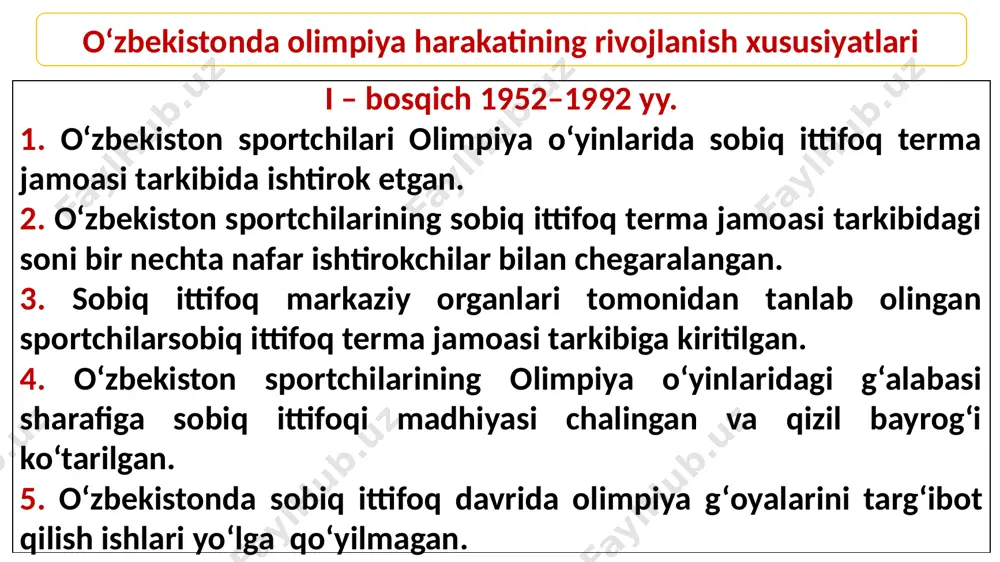 sh; turli hudud va mamlakatlarning sport tashkilotlari bilan shartnoma tuzish. o‘z moq ning asosiy vazifalari quyidagilardan iborat: - o‘zbekistonda olimpiya harakatini rivojlantirish, olimpizm g‘oyalarini keng targ‘ib etish; - xoq, osiyo olimpiya kengashi, boshqa mamlakatlar milliy olimpiya qo‘mitalari, xalqaro sport federatsiyalari va uyushmalari bilan hamkorlik qilish, xoq ning “olimpiya birdamligi” dasturida ishtirok etish; - mamlakat terma jamoalari va sport zaxiralarini tayyorlashda davlat, jismoniy tarbiya va sport tashkilotlariga ko‘maklashish; - respublika aholisini jismoniy va ma’naviy tarbiyalashga, jismoniy tarbiya va sport, milliy sport turlarini, nogironlar o‘rtasida sportni rivojlantirishni ta’minlash; - yoshlarni boshqa mamlakatlar sportchilari bilan do‘stlik va birodarlikni mustahkamlash, musobaqalarda halol kurashish, raqibiga olijanoblik bilan munosabatda bo‘lish tamoyillari asosida tarbiyalash; - o‘zbekiston sportchilari yutuqlarini keng targ‘ib qilish; - sport kadrlari o‘rtasida tajriba almashish, ular malakalarini oshirish uchun anjumanlar tashkil etish. o‘zmoq tarkibi: o‘zmoq prezidenti, bosh kotibi, vitse-prezidentlari va a’zolari; olimpiya o‘yinlari dasturiga kiritilgan milliy sport federatsiyalari vakillari; noolimpiya sport turlari va milliy sport …