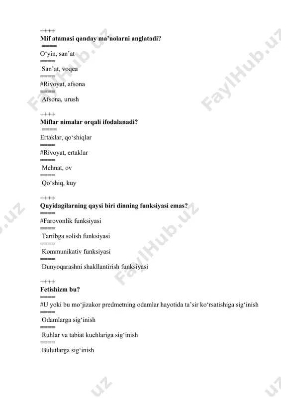 asosiga apeyronni qo‘ygan g‘arb faylasufi kim? ==== #anaksimandr ==== demokrit ==== platon ==== fales ++++ empidokl olov, havoni nima deb atagan? ==== xeops ==== sfinks ==== xufu ==== #efir ++++ qaysi kategoriya, falsafiy kategoriya sifatida dunyoni, uning butun rang – barangligi va turli – tuman namoyon bo‘lish shakllari bilan yaxlit aks ettirish imkonini beradi? ==== bilish ==== yo‘qlik ==== #borliq ==== to‘g‘ri javob yo‘q ++++ “inson va uning faoliyatidan qat’i nazar mavjud bo‘lgan narsalar va jarayonlar borlig‘i”, bu … ? ==== #tabiat borlig‘i ==== inson borlig‘i ==== ma’naviy borliq ==== ijtimoiy borliq. ++++ algebra (al-jabr) ilmining asoschisi kim va uning vatani qaerda? ==== farg’oniy, farg’onada ==== pifagor, gretsiyada ==== #muhammad xorazmiy, xorazmda ==== eynshteyn, amerikada ++++ aqliy bilish shakllari (bosqichlari) ning to‘g‘ri tartibini aniqlang. ==== hukm, xulosa, tushuncha. ==== tushuncha, xulosa, hukm. ==== muhokama, ijodiyot, nazariya. ==== #tushuncha, hukm, xulosa ++++ “dunyoqarash” nima? ==== kundalik umumlashgan bilimlar jami. ==== #dunyo, …