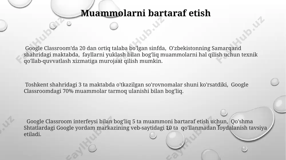256-bitli aes shifrlash texnologiyasidan foydalanadi, bu esa aqsh va yevropa ittifoqi standartlariga mos keladi. baholash va hisobotlar namangan shahridagi maktabda o'tkazilgan so'rov natijalariga ko'ra, 75% o'qituvchilar google classroomdagi hisobotlar yordamida o'quvchilarning o'qishdagi qiyinchiliklarini aniqlash va ularga yordam berishda ancha qulayliklarga ega ekanliklarini ta'kidlashdi. google classroom’da 100 dan ortiq talabaga ega bo'lgan toshkentdagi maktab o'qituvchisi baholash natijalarini jadval shaklida yuklab olish orqali, 2023 yil davomida o'quvchilarning yutuqlarini samarali kuzatib borishi mumkin. farg'ona viloyatidagi 5 ta maktab o'qituvchilari google classroom orqali 3000 dan ortiq topshiriqni baholashdi va bu baholash jarayonini avtomatlashtirish orqali vaqtni 20% ga tejashga yordam berdi. foydali qo'shimcha vositalar google meet yordamida onlayn darslarni o'tkazish, 100 nafar ishtirokchigacha bo'lgan virtual sinf xonalarini yaratish va real vaqt rejimida hamkorlikni ta'minlash imkoniyati mavjud. bu esa dunyoning istalgan nuqtasidan o'qitish va o'rganishga imkon beradi. google drive bilan integratsiya qilish orqali, 500 mb gacha bo'lgan fayllarni osongina yuklash, baham ko'rish va tahrirlash mumkin. bu …