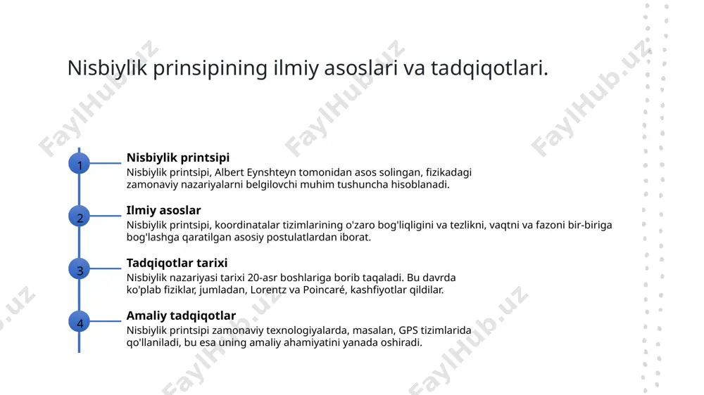 garishlarini aniqlaydi. bu, tezlik ortgan sari vaqtning sekinlashishini ko'rsatadi. 3 amaliy qo'llanilishi lorentz transformatsiyasi, zamonaviy fizikada gps tizimlari va yuqori energiyali fizika tadqiqotlarida qo'llaniladi. u, fazo-vaqtni to'g'ri hisoblashni ta'minlaydi. fazo-vaqtning fizikada qo'llanilishi: ko'rsatkichlar va misollar. fizikada fazo-vaqt fazo-vaqt tushunchasi, nisbiylik nazariyasida muhim o'rin tutadi, chunki u vaqt va fazoni bir-biri bilan bog'laydi, masalan, tezlikning o'zgarishi bilan. lorentz transformatsiyasi lorentz transformatsiyasi, harakatlanuvchi tizimlardan olingan ma'lumotlarni boshqa tizimlarga o'tkazish uchun qo'llaniladi, fizikada vaqt va fazoni birlashtirishda ahamiyatlidir. amaliy misollar gps tizimlari va atom soatlari, fazo-vaqt tushunchalariga asoslanib, yuqori aniqlik bilan joylashuv va vaqtni belgilashda muhim rol o'ynaydi. klassik fizika va nisbiylik: fazo-vaqt aloqalarining farqlari. 1 klassik fizika klassik fizika, newtonu qonunlari asosida, fazo va vaqtni bir-biridan mustaqil deb biladi. bu, tezlikning o'zgarishiga asoslanmaydi. 2 nisbiylik nazariyasi nisbiylik nazariyasida vaqt va fazo bir butun sifatida ko'riladi. harakatda bo'lgan ob'ektlar vaqtni va fazoni turlicha qabul qiladi. 3 farqlar va natijalar klassik va nisbiylik nazariyasi …