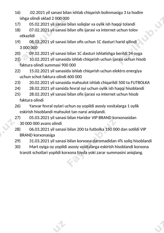 2.2021 yil sanasida mahsulot ishlab chiqarildi 500 ta futbolka 24) 28.02.2021 yil sansida fevral oyi uchun oylik ish haqqi hisoblandi 25) 28.02.2021 yil sanasi bilan ofis ijarasi va internet uchun hisob faktura olindi 26) yanvar fevral oylari uchun oy yopildi asosiy vositalarga 1 oylik eskirish hisoblandi mahsulot tan narxi aniqlandi. 27) 05.03.2021 yil sanasi bilan haridor vip brand korxonasidan 30 000 000 avans olindi 28) 06.03.2021 yil sanasi bilan 200 ta futbolka 150 000 dan sotildi vip brand korxonasiga 29) 31.03.2021 yil sanasi bilan korxona daromadidan 4% soliq hisoblandi 30) mart oyiga oy yopildi asosiy vositalarga eskirish hisoblandi korxona tranzit schotlari yopildi korxona foyda yoki zarar summasini aniqlang.