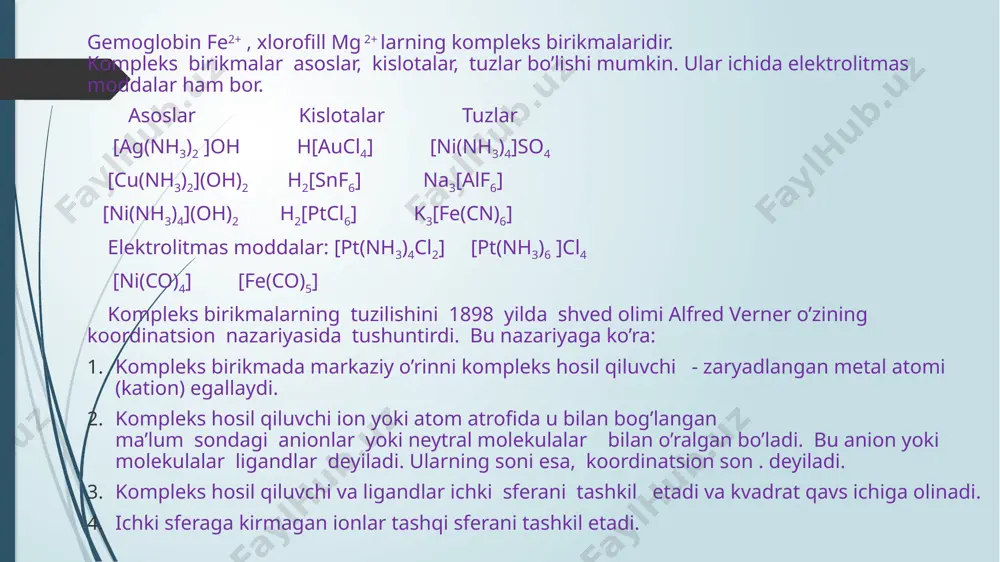 onlar va undan keyin kation nomi aytiladi (ularning orasiga defis qo’yilmaydi). anionlarni atashda dastlab oddiy anion, undan keiyn ko’p atomli anion nomi aytiladi. ularning nomiga «at» qo’shimchasi qo’shiladi. masalan, k2[pt(no2)2cl] – kaliy dixlorodinitroplatinat (ii). ligandlar sonini ifodalovchi qo’shimchalar. oddiy ligandlar sonini ifodalashda di - ,tri-, penta -, geksa – va hokazo qo’shimchalar ishlatiladi, masalan: k4[fe(cn)6] – kaliy geksatsianotemir (ii). к3[fe(cn)6] – kaliy geksatsianotemir (iii). [al(h2o)6] cl – geksakvoalyuminiy xlorid. markaziy ionning oksidlanish darajasini ko’rsatish uchun uni qavs ichida lotin raqamlari ifodalanadi. masalan: [сu(nh3)2] (oh) – diaminmis (i) gidroksid va hakazo. image1.png image2.png image3.png image4.jpeg /docprops/thumbnail.jpeg