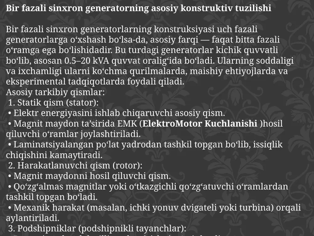 uksiya qonuni, va differensial tenglamalar asosida tuziladi. elektr zanjirining differensial tenglamalari bir fazali generatorning oddiy ekvivalent ishlashi statorga ulangan aktiv-reaktiv yuklamani ifodalaydi. bu vaqtda qaysi maqsad differensial tenglama yoziladi: simulink muhiti da bir fazali yuqori darajali generatorning matematik modeli asosida blokirovkasining vizual ko'rinishini beradi. bloklar ifodalanadi: e(t)— emk manbai (generatorning ichki yoshlari), r— aktiv qarshilik (stator qarshiligi), l·di/dt— induktivlik elementi (o'ramdagi katta qarshilik), i(t)— tok chiqishi , u(t)— chiqish davri modelni maqsad model jarayonlarni ifodalaydi: generator statoridagi tezlik va toklarning vaqt bo'yicha o'chirish. emk hosil bo'lishi va unga ta'sir etuvchi suv. rotorning burchak va harakat tenglamasi. belgilanish ma'nosi o'lchov rrr statorning qarshiligi om lll statorning induktivligi h ō\omegaō rotorning b rad/s th\thetath rotorning burchak holati rad jjj rotor inertsiya momenti kg·m² tmt_mtm. mexanik (berilgan) moment n·m tet_ete. _ n·m i(t)men (t)men ( t ) stator toki a e(t)e(t)e ( t ) emk v u(t)u(t)u ( t ) chiqish davri v …