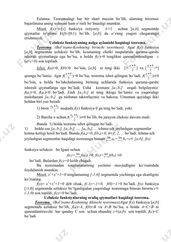 ichli daraja. a) natural ko’rsatkichli daraja. sonning arifmetik ildizi. n natural son bo’lsa, a haqiqiy sonning n-darajasi an deb ko’paytmani tushunamiz. y=xn funksiya (- ) da uzluksiz va da qat’iy o’suvchi bo’ladi, hamda x=0 da y=0 va x da y bo’ladi. demak, ixtiyoriy musbat a son uchun bol’tsano-koshining 2-teoremasiga asosan xn =a tenglama yagona musbat yechimga ega. mana shu musbat yechim a musbat sonning n-darajali arifmetik ildizi deyiladi va yoki ko’rinishda belgilanadi. b) ratsional ko’rsatkichli daraja. ratsional son va a musbat son bo’lsin. p, q natural sonlar bo’lsa, a =(a , a , a=1 deb qabul qilamiz. a>1 bo’lganda r dan a tengsizlik kelib chiqadi. haqiqatan, r dan r1 1 bo’lganda bo’ladi. shu sababli , dan 1 bo’lsa, ketma-ketlik ham o’suvchi bo’ladi. ( dan kattaroq ratsional r son olsak a 1 bo’lganda, bo’lganda ekanligi kelib chiqadi. ko’rsatkichli funksiya. y=ax ( a>0, a1 bo’lganda) ko’rinishdagi funksiyalar ko’rsatkichli funksiya deb ataladi. 1. …