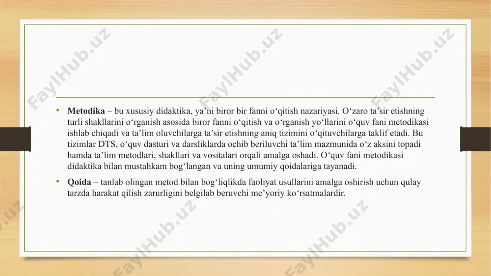 ort, rasm, fotosurat, yassi modellar va boshqalar yordamida koʻrsatishni taqozo etadi. namoyish va illyustratsiya metodlari oʻzaro bog‘liqlikda bir-birini toʻldirgan holda qoʻllaniladi. agar hodisa va jarayonni oʻquvchi yaxlit holda qabul qilishi zarur boʻlsa namoyishdan foydalanish, agar hodisa mohiyati hamda uning unsurlari oʻrtasidagi bog‘lanishlarni anglash talab etilsa illyustratsiyaga murojaat qilinadi. amaliy metodlar oʻquvchilar tomonidan oʻzlashtirilgan nazariy bilimlar yordamida ularda amaliy koʻnikma va malakalarni hosil qilishda alohida ahamiyat kasb etadi. aynan amaliy faoliyat jarayonida nazariy bilimlar harakatdagi shaklga ega boʻladi. mashq – aqliy yoki amaliy (jismoniy) harakatlarni bajarish koʻnikmalarini egallash yoʻlidagi koʻp marta takrorlanishlar boʻlib, mashqsiz koʻnikma hamda malakalarni shakllantirish mumkin emas. mashqlar og‘zaki, yozma, grafikaviy (texnik jarayonlar mohiyatini ifodalash), ijtimoiy – foydali, jismoniy va boshqa turlarga boʻlinadi. og‘zaki mashqlardan ta’lim jarayonida keng foydalaniladi. ular oʻquvchilarning umumiy madaniyati, mantiqiy fikrlashi hamda bilish qobiliyatini rivojlantirish bilan bog‘liqdir. shuningdek, og‘zaki mashqlarning nutq boyligini oshirish va xorijiy tillarni oʻrganishdagi ahamiyati beqiyos. yozma mashqlar ta’limning tarkibiy qismi …
