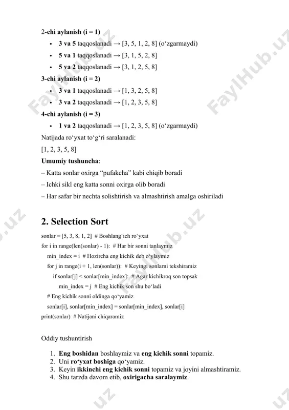 ndex = i # hozircha eng kichik deb o‘ylaymiz for j in range(i + 1, len(sonlar)): # keyingi sonlarni tekshiramiz if sonlar[j] = 0 and sonlar[j] > tanlangan_son: # agar oldingi son katta bo‘lsa sonlar[j + 1] = sonlar[j] # uni o‘ngga suramiz j -= 1 sonlar[j + 1] = tanlangan_son # tanlangan sonni kerakli joyga qo‘yamiz print(sonlar) # natijani chiqaramiz oddiy tushuntirish 1. ikkinchi elementdan boshlab har bir sonni olib, oldingilar bilan taqqoslaymiz. 2. agar chapdagi son katta bo‘lsa, uni o‘ngga suramiz. 3. bo‘sh joy qolsa, tanlangan sonni o‘sha joyga qo‘yamiz. 4. shu tarzda oxirigacha davom etamiz. 1-qadam: [3, 5, 8, 1, 2] (3 o‘z joyiga qo‘yildi) 2-qadam: [3, 5, 8, 1, 2] (8 joyida qoldi) 3-qadam: [1, 3, 5, 8, 2] (1 o‘z joyiga qo‘yildi) 4-qadam: [1, 2, 3, 5, 8] (2 o‘z joyiga qo‘yildi ✅) saralashning vazifasi va foydasi saralash turli sohalarda tezroq va samarali ma’lumot izlash …