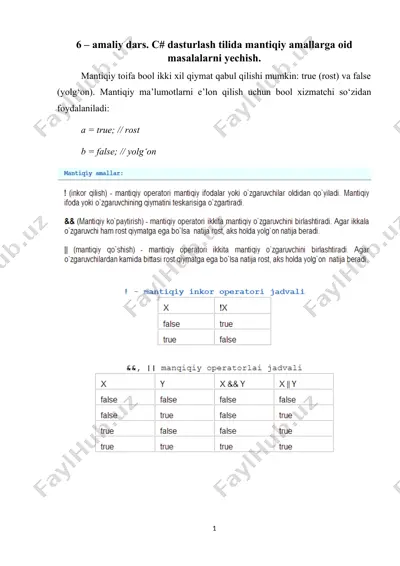 amaliy dars: c# dasturlash tilida mantiqiy amallarga oid masalalarni yechish — DOCX