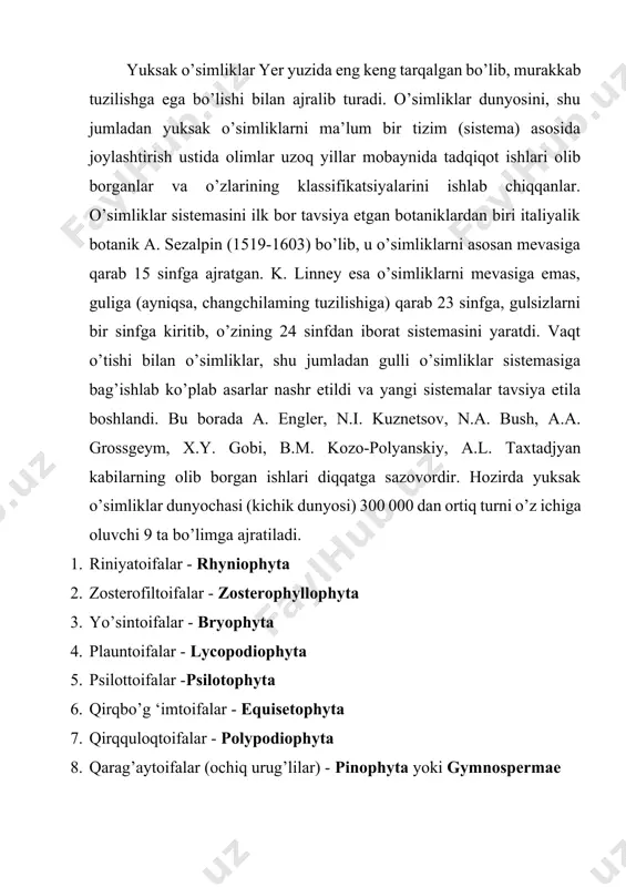 simliklarni alohida bo’limga ajratishni taklif etgan va ularni dastavval psilofitlar (psilophyta), keyinchalik esa riniofitlar (rhyniophyta) deb atagan. bu bo’lim vakillari bizgacha yetib kelmagan bo’lsada, ularning qazilma holda topilgan turlari tuzilishi jihatidan yuksak o’simliklarning evolutsiyasini o’rganishda muhim ahamiyat kasb etadi. 1859-yilda kanadalik geolog d. dauson kanadadan devon davriga xos qoldiqlardan noma’lum yuksak o’simlikning g’aroyib bir qoldig’ini topgan. uning dixotomik shoxlangan tanasi bo’lib, barglari bo’lmagan. o’tkazuvchi sistemasi esa tipik protostel holatda bo’lib, sodda (primitiv) hisoblanadi. topilgan o’simlikning sporangiysi uning dixotomik shoxchalarining ustida joylashgan. yer osti organlari esa topilmagan. dauson topgan bu o’simligiga psilophyton princeps deb nom bergan. 1912 yilning kuzida shotlandiyada rhynia turkumiga oid o’simlik topiladi. 1937 yilda paleobotanik u. lang sodda yuksak o’simliklarning riniyalardan ham qadimgi vakilini yuqori silur qoldiqlaridan (buyuk britaniya) kuksoniya (cooksonia) deb atalgan yangi turkumni aniqlaydi. keyinchalik kuksoniyaning qoldiqlari yuqori silur qatlamlaridan chexiya, markaziy qozog’islon, nyu-york shtatidan, shotlandiyadan va g’arbiy sibirdan ham topilgan. kuksoniyalar ham bundan 415 mln. …