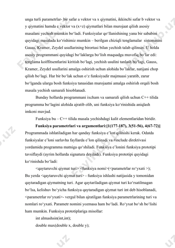 niqlanishi uni chaqiradigan funksiyalar matnidan oldin yozilgan bo‘lsa. lekin bu holat yaxshi uslub hisoblanmaydi, ayniqsa o‘zaro bir-biriga murojaat qiluvchi funksiyalarni e’lon qilishda muammolar yuzaga kelishi mumkin. funksiya aniqlanishi – funksiya sarlavhasi va figurali qavsga (‘{‘,’}’) olingan qandaydir amaliy mazmunga ega tanadan iborat bo‘ladi. agar funksiya qaytaruvchi turi void turidan farqli bo‘lsa, uning tanasida albatta mos turdagi parametrga ega return operatori bo‘lishi shart. funksiya tanasida bittadan ortiq return operatori bo‘lishi mumkin. ularning ixtiyoriy birortasini bajarish orqali funksiyadan chiqib ketiladi. agar funksiyaning qiymati programmada ishlatilmaydigan bo‘lsa, funksiyadan chiqish uchun parametrsiz return operatori ishlatilishi mumkin yoki umuman return ishlatilmaydi. oxirgi holda funksiyadan chiqish – oxirgi yopiluvchi qavsga yetib kelganda ro‘y beradi. funksiya programmaning birorta modulida yagona ravishda aniqlanishi kerak, uning e’loni esa funksiyani ishlatadigan modullarda necha marta yozilishi mumkin. funksiya aniqlanishida sarlavhadagi barcha parametrlar nomlari yozilishi shart. odatda programmada funksiya ma’lum bir ishni amalga oshirish uchun chaqiriladi. funksiyaga murojaat qilganda, u qo‘yilgan masalani …