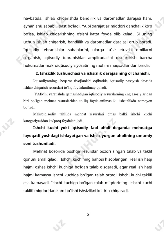 strukturasining o’zgarishi natijasida ishchi kuchiga talab tarkibining o’zgarishi natijasida ishsiz qolganlar kiradi. unga asosan malakalarini o’zgartirishi va oshirishi, ma’lumot olishi, yangi kasb egallashi lozim bo’lgan ishsizlar guruhlari kiradi. friksion ishsizlik bilan tarkibiy ishsizlikning asosiy farqi shundaki, birinchisida, ma’lum malaka va tajriba mavjud bo’ladi va undan foydalanib, ish joylarini tezroq topib olishadi, ikkinchisida esa, ishchi kuchi darhol va tezroq ish joylarini topa olmaydi. davriy ishsizlik asosan ishlab chiqarishning pasayishi natijasida ishchi kuchiga bo’lgan talabning kamayishidan paydo bo’ladi. davriy pasayish tovar va xizmatlarga bo’lgan yalpi talabning kamayishini, shunga muvofiq, yalpi tatalabning kamayishini, va oqibatda aholining ish bilan bandligi qisqarishi va ishsizlikning o’sishini bildiradi. to’la ish bilan bandlik ishchi kuchining 100 foiz ish bilan ta’minlanganligini bildirmaydi. aksincha, friksion va strukturali ishsizlik ilojsiz hol bo’lganligini hisobga olsak, biz mutlaq to’la ish bilan bandlilikka erishib bo’lmasligini tushunamiz. agarda davriy ishsizlik bo’lmasa, u holda to’la ish bilan bandlilikka erishiladi. to’la ish bilan bandlik davridagi ishsizlik, ishsizlikning …
