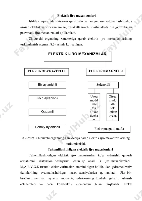 aj qilingan. shirikli valda aylantiruvchi momentni chegaralovchi mufta joylashgan. 6-maxovikli qo’l dublerlari sharikli valni oxiriga ulangan. shu yerda bo’sh qilib kulachokli 4-silindirik g’ildirak joylashtirilgan. korpusga xuddi shunday ravishda yo’l va moment o’tkazgichlari qutisiga aylanishni uzatuvchi 43-chervyakli g’ildirakka ega bo’lgan va 40, 41-silindrik shestrnyalari bilan plita ulangan. 8.3- rasm. тakomillashtirilgan elektrik ijro mexnizmlari (elektr yuritmalar surgichlar)iing knematik sxemasi quti quyidagi asosiy elementlarda tashkil topgan. 34-chervyakli yo’l o’chirgichlari qismi, 33- chervyakli g’ildirak, 27,30-kulochoklar,25,26- moment o’tkazgichlari: 24 va 36-richaglari, purjinalar 22, 35-blokirovka kulochoklari 23,31- mikroutkazgichlar 21,32 shestrnali ko’rsatkich qismi 19,20: strelka 18, 17-shestrnyali distansion ko’rsatkichlar qismi, 16-potensioner. elektr motori ishga tushirilganda elektr yuritma quyidagicha ishlaydi. aylanma xarakat elektr motoridan 2,3,4-silndirik g’ildirak va 5-kulachokli mufta orqali 45 sharikli valga uzatiladi. 46 chervyak g’ildirak orqali aylantiruvchi moment ishchi organning (surg’ich) yuritma valiga uzatiladi. bundan tashqari, 47 chervyak 43 chervyali g’ildirak, 41 va 40- silindirik shestrnalar orqali xarakat 39-vilka, 33 va 34 chevyak jufti 0,19 shestrnya …