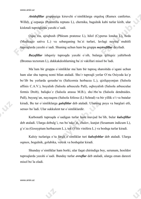 (pinus silvestris l.) misol bo`ladi. orografik omillar orografik omillarni relef omillari deb ham ataladi. bu omil bilvosita ta`sir etib, o`simlikka to`g`ridan-to`g`ri ta`sir etmaydi, balki boshqa omillar — iqlim omili orqali ta`sir ko`rsatadi. orografik omillarga joyning dengiz sathidan balandligi, o`ziga xosligi, yonbag`irliligi kiradi. orografik omillarning ta`siri yer yuzasining balandligiga qarab o`zgarib boradi. o`rta osiyoda dengiz sathidan ko`tarilish darajasiga qarab o`simliklar mintaqalari navbat bilan almashinadi. o`rta osiyo sharoitida o`simliklarning mintaqalar bo`ylab pastdan yuqoriga qarab ko`tarilib borishini va bu yerda bo`ladigan o`zgarishlarning qonuniyatini akademik q. 3. zokirov aniqlagan. o`rta osiyoda cho`l, adir, tog`, yaylov mintaqalari mavjud. dengiz sathidan ko`tarilishi bilan har yuz metrda harorat 0,5 °s ga o`zgarib boradi. shunga ko`ra o`simliklar qoplami ham o`zgarib boradi. shu bilan birga yer yuzasining ekspozitsiyasi va tomonlari ham o`simliklar qoplamiga, qoplamdagi turlar tarkibiga ta`sir ko`rsatadi. bir xil balandlikdagi shimoliy va janubiy tomonlarda o`simliklarning morfologik, biologik, fiziologik, ekologik xususiyatlari ham farq qiladi. o`simliklar qoplami va turlarning tarqalishida …