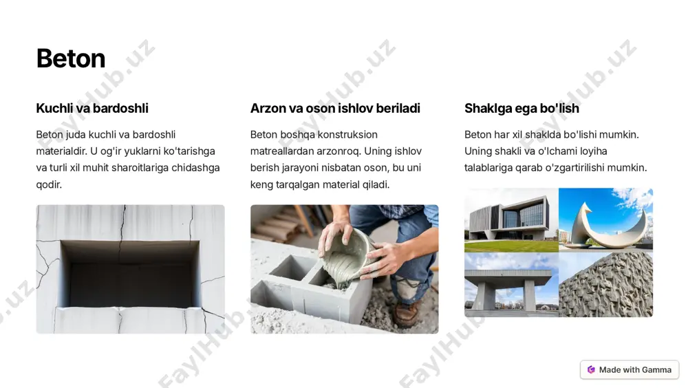 sirtlar uchun mashhur. marmar marmar yumshoqroq tosh, ammo u chiroyli va nozik. u haykallarni va dekorativ elementlarni yaratish uchun ishlatiladi. qumtosh qumtosh o'zining tabiiy ranglari va shakllari bilan tanilgan. u binolar, haykallar va yo'llarni qurishda ishlatiladi. https://gamma.app/?utm_source=made-with-gamma konstruksion matreallarni tanlash mezonlari konstruksion matreallarni tanlashda quyidagi mezonlarni hisobga olish kerak: loyiha talablari byudjet materialning xususiyatlari (mustahkamlik, bardoshlilik, izolyatsiya, korroziyaga chidamlilik va boshqalar) ekologik jihatlar estetik xususiyatlar qo'llash mumkinligi https://gamma.app/?utm_source=made-with-gamma