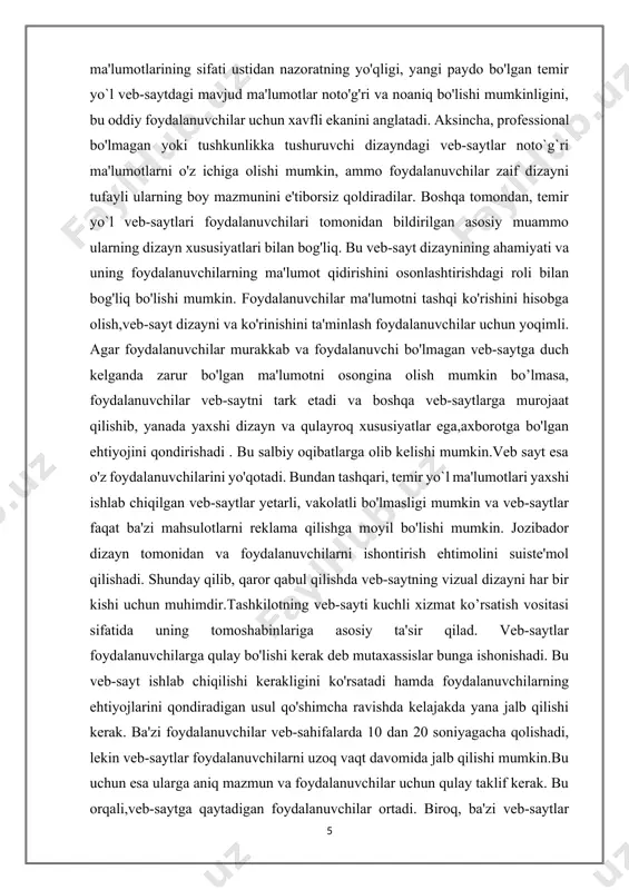 ng asosiy va foydali xususiyatlari yaxshi dizayni tufayli aniq namoyon bo'ladi. bular foydalanuvchilarning undan yaxshiroq foydalanish qobiliyatini oshiradi. vizual tuzilma dizayni muvofiq bo'lishiga yordam beradigan tamoyillar va ko'rsatmalar veb-saytlar izchilligini oshirishi mumkin.. yo'riqnomada kiritilgan ba'zi elementlar dizayn jarayoni, foydalanuvchi tajribasini optimallashtirish,kirish imkoniyati, asosiy sahifani loyihalash tartib-qoidalari, sahifa tartibi, taqdimoti mazmuni va ro'yxati veb-saytga kiritilgan elementlarlardir. bu xususiyat veb-sayt dizayniga kiritilishi kerakligi baholaydi va ushbu qo'llanmada tartiblangan bo’ladi. temir yo`l veb-saytlarni loyihalashda internet foydalanuvchilarida masalan, shrift o'lchami, shrift turi, qo'llaniladigan ranglar, paragraf uzunligi, asosiy buyumlar joylashuvi, rasmlar va rasmlardan foydalanish yaxshiroq tushunish va boshqalar elementlardan iborat. hozirda o`zimizda ham yo`lovchilar chipta xarid qilishlari va qaysi yo`nalishlarda, qanday sharoitda, ketishlari haqida ma`lumotga ega bo`lishlari uchun bir qancha saytlar o`z ish faoliyatini yuritmoqda. masalan, https://railway.uz/ru/, https://eticket.railway.uz/, https://e-nakl.railway.uz/, “railway” web ilovasi algoritmi, foydalaniladigan dasturlar “railway” web ilovasi bu klinika shifokorlari va bemorlari ma’lumotlarini o’zi ichiga olgan bo’lib, bu ilova quyidagi algoritm asosida qurilgan. 1-rasm. …