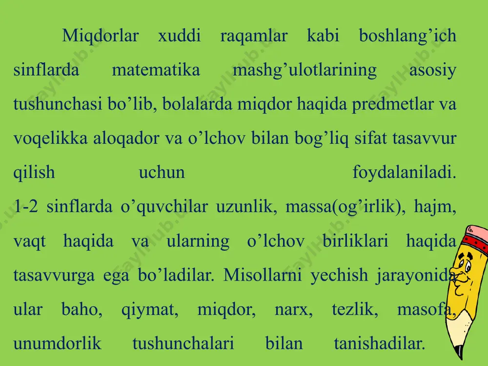 loch — ikki qo‘lning o‘rta barmoq uchlari orasidagi masofaga teng. monat tarzda tanlangan uzunlik o‘lchovi, 8 qarichga teng. foydalanilgan adabiyotlar 1. fayllar.org/miqdorlarni-o’lchash-o’lchov-birliklari-turlari-orasidagi-bog’liqlik 2. https://muhaz.org/1-asosiy-miqdorlar-haqida-tushuncha-uzunlik-va-uning-birliklar 3. e.m. sariyeva, z.sabirov, g.yuldasheva, g.ermatova. matematika va uni o’qitish metodikasi. urganch-2023. 194 b. 4. https://cyberleninka.ru/article/n/boshlang-ich-sinflarda-miqdorlarni-o-rgatish-metodikasining-umumiy-masalalari 5. n. ro’ziqulova, x. idiyeva, m. fayziyeva, q. to’xtayev. matematika. “o’qituvchi” nashriyot-matbaa ijodiy uyi. toshkent-2020. 212 bet. eʼtiboringiz uchun tashakkur! image1.png image2.png image3.png image4.png image5.png image6.png image7.png image8.jpeg image9.png image10.png image11.png image12.png image13.png image14.png image15.jpeg image16.jpeg